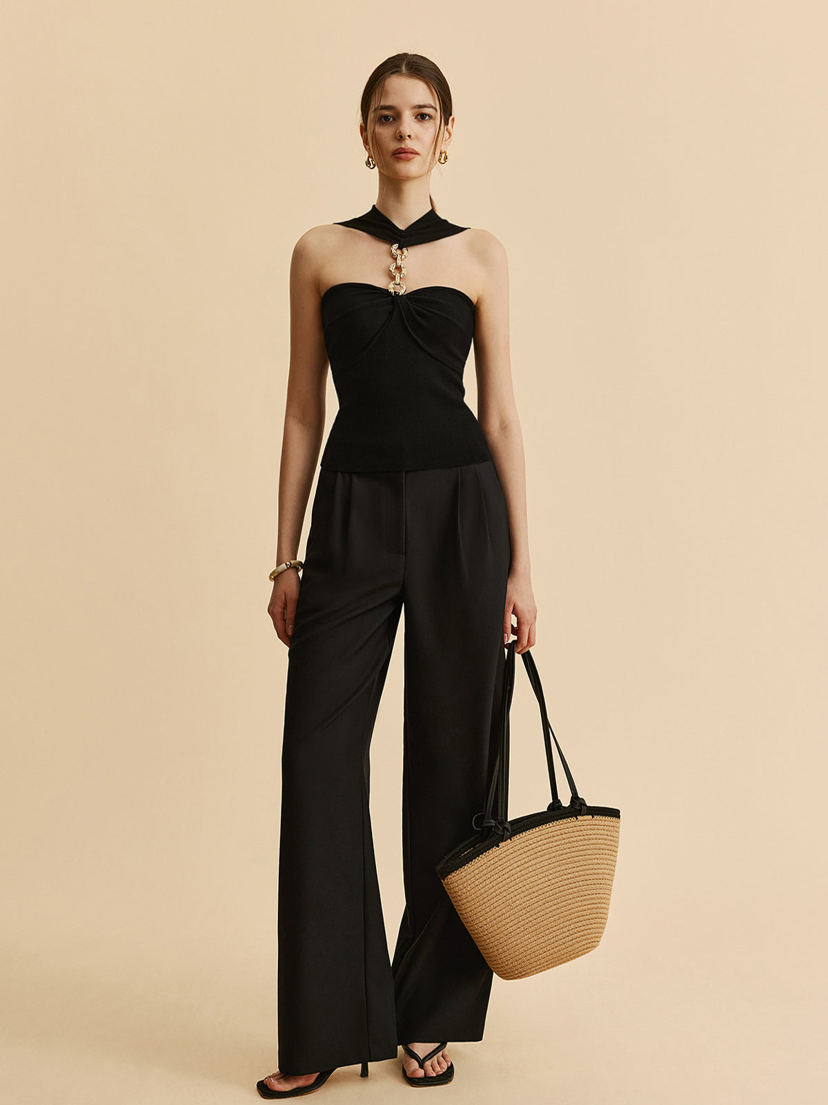 Halter Neck Chain Detail Knit Top-Chicvia