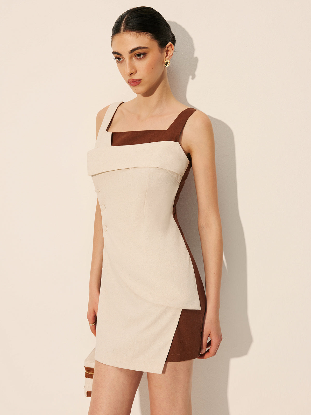 Linen & Cotton Sleeveless Square Neck Short Dress-Chicvia