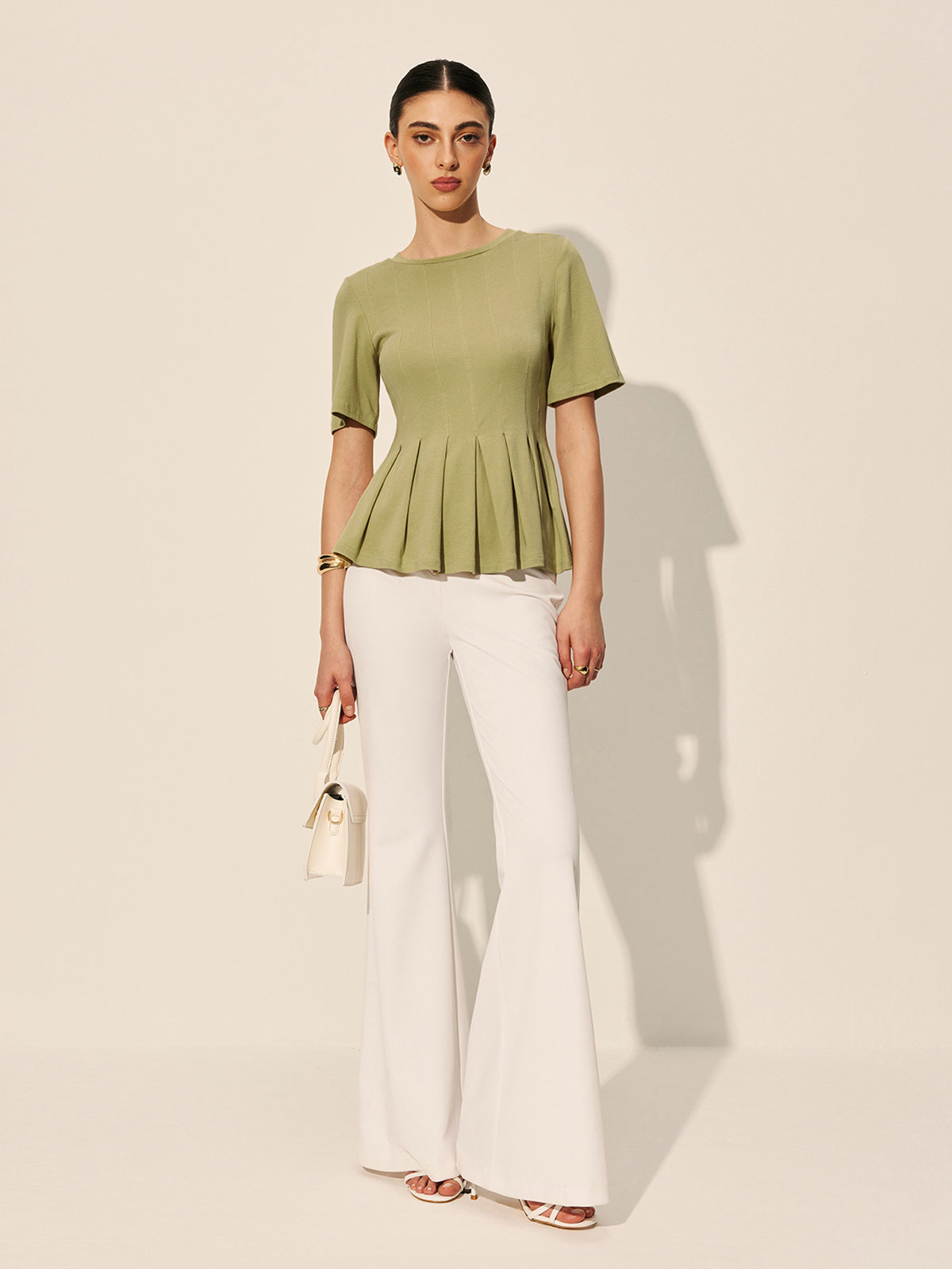 Pleated Peplum Ribbed Top-Chicvia