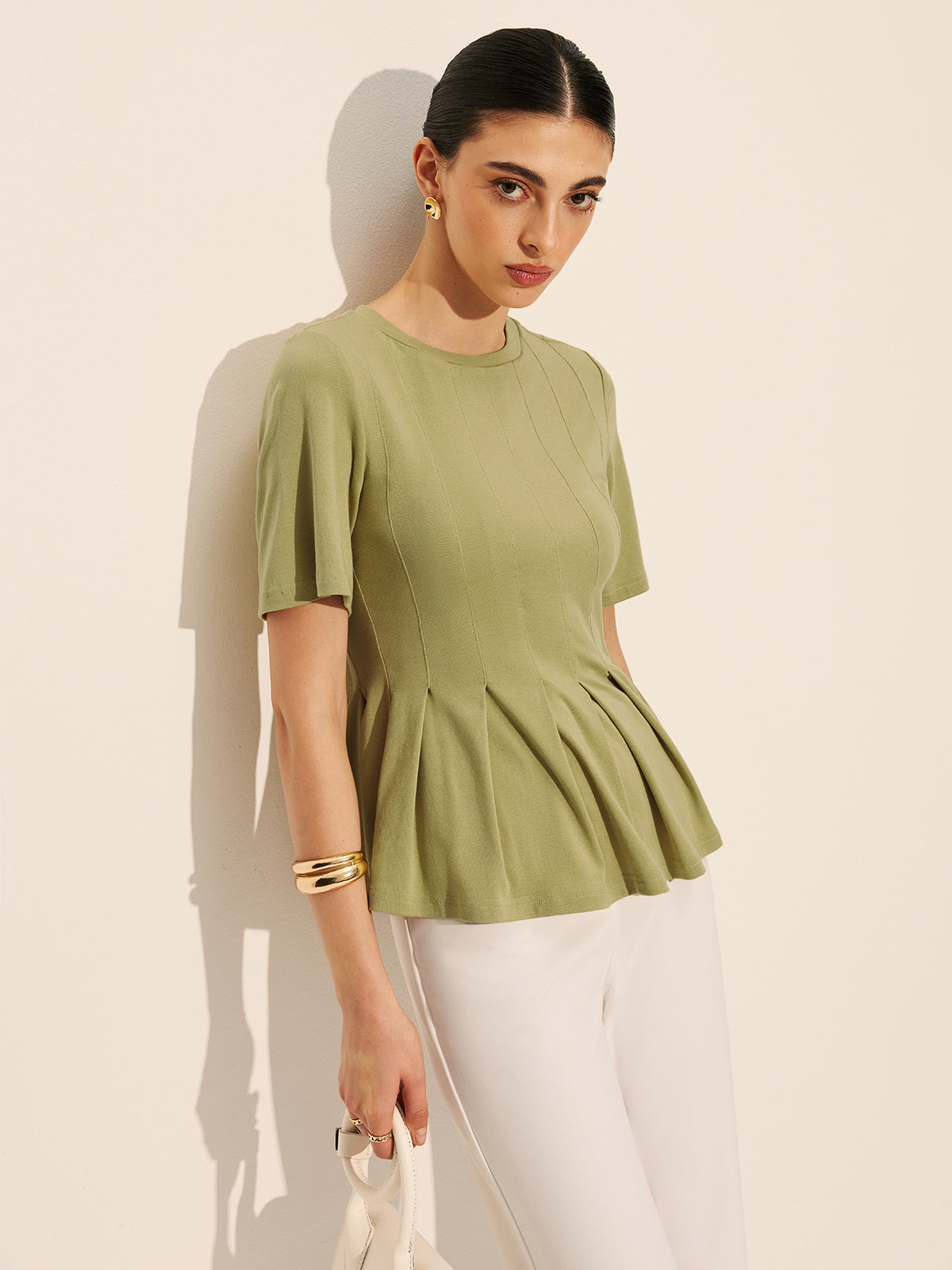 Pleated Peplum Ribbed Top-Chicvia