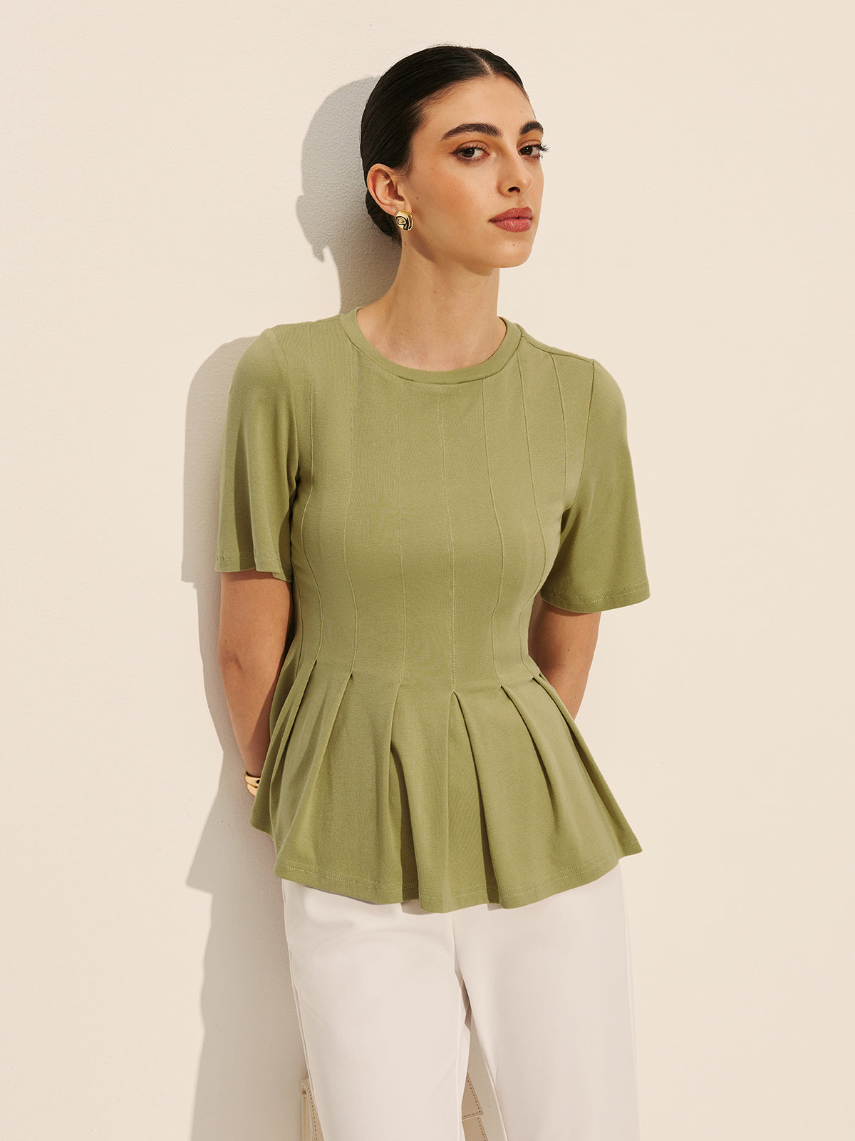 Pleated Peplum Ribbed Top-Chicvia