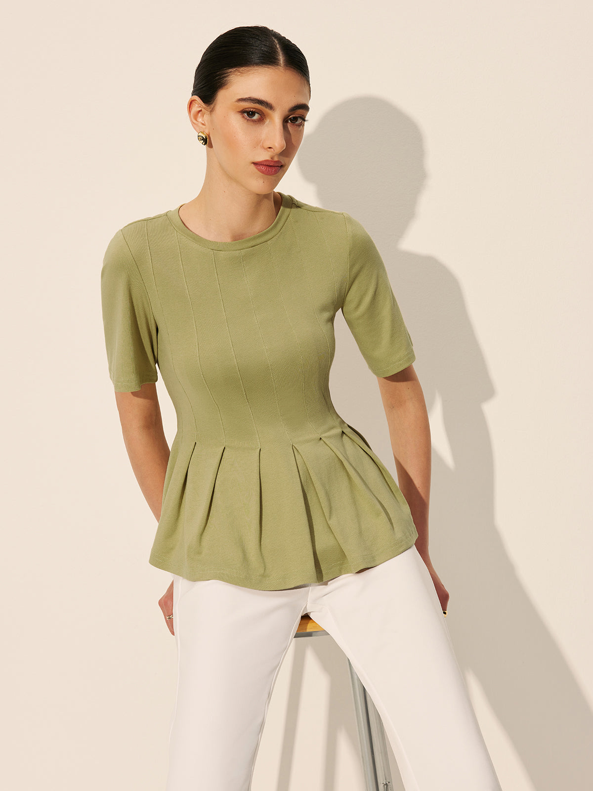 Pleated Peplum Ribbed Top-Chicvia