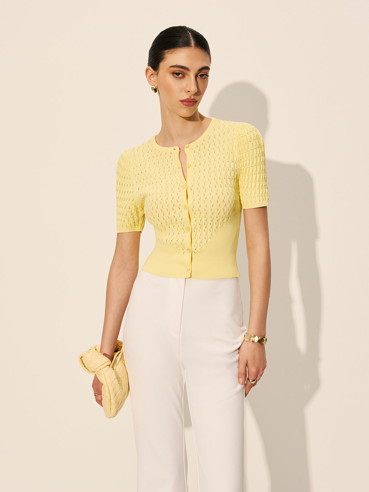 Hollow Knit Buttoned Top-Chicvia