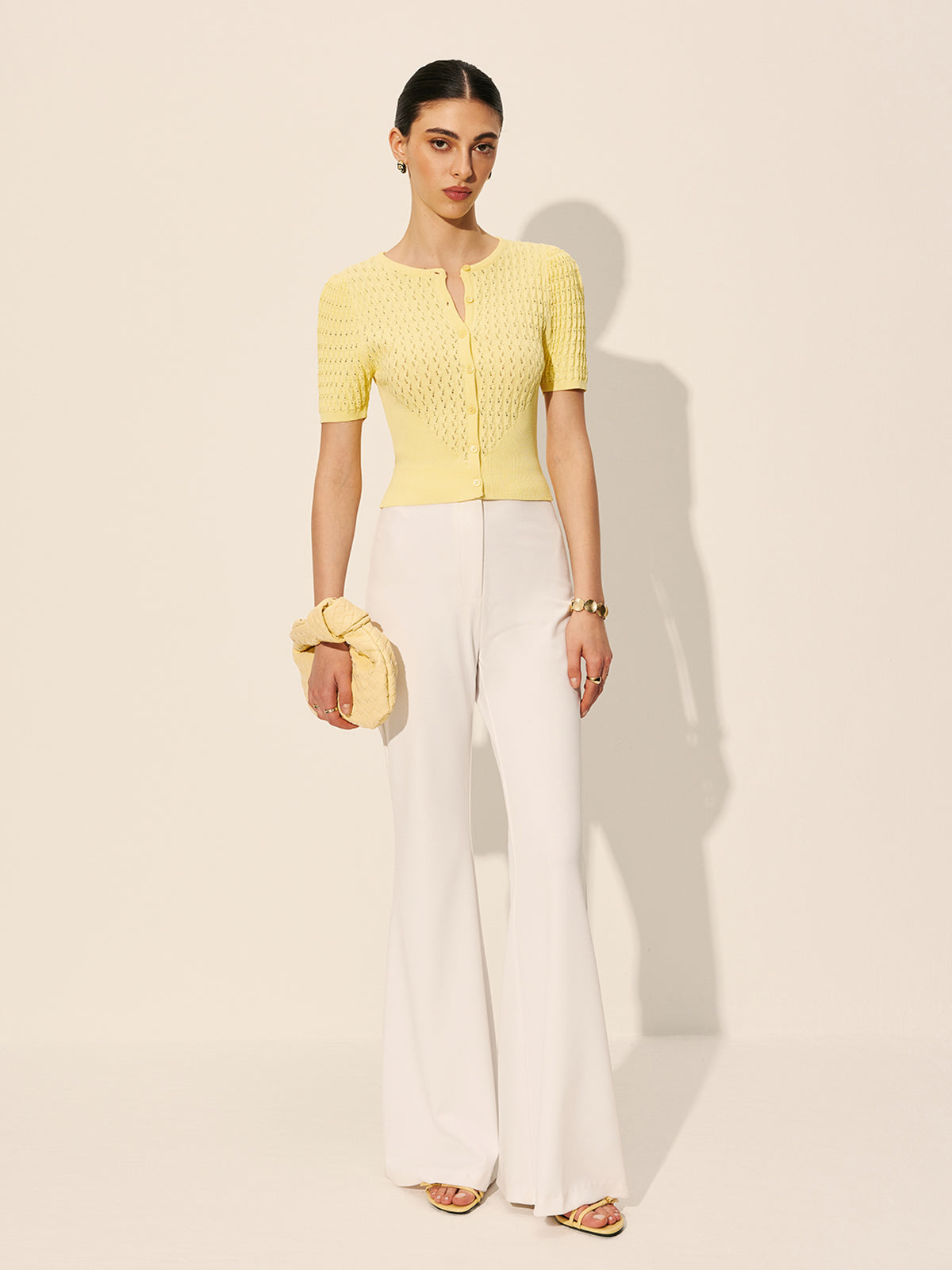 Hollow Knit Buttoned Top-Chicvia