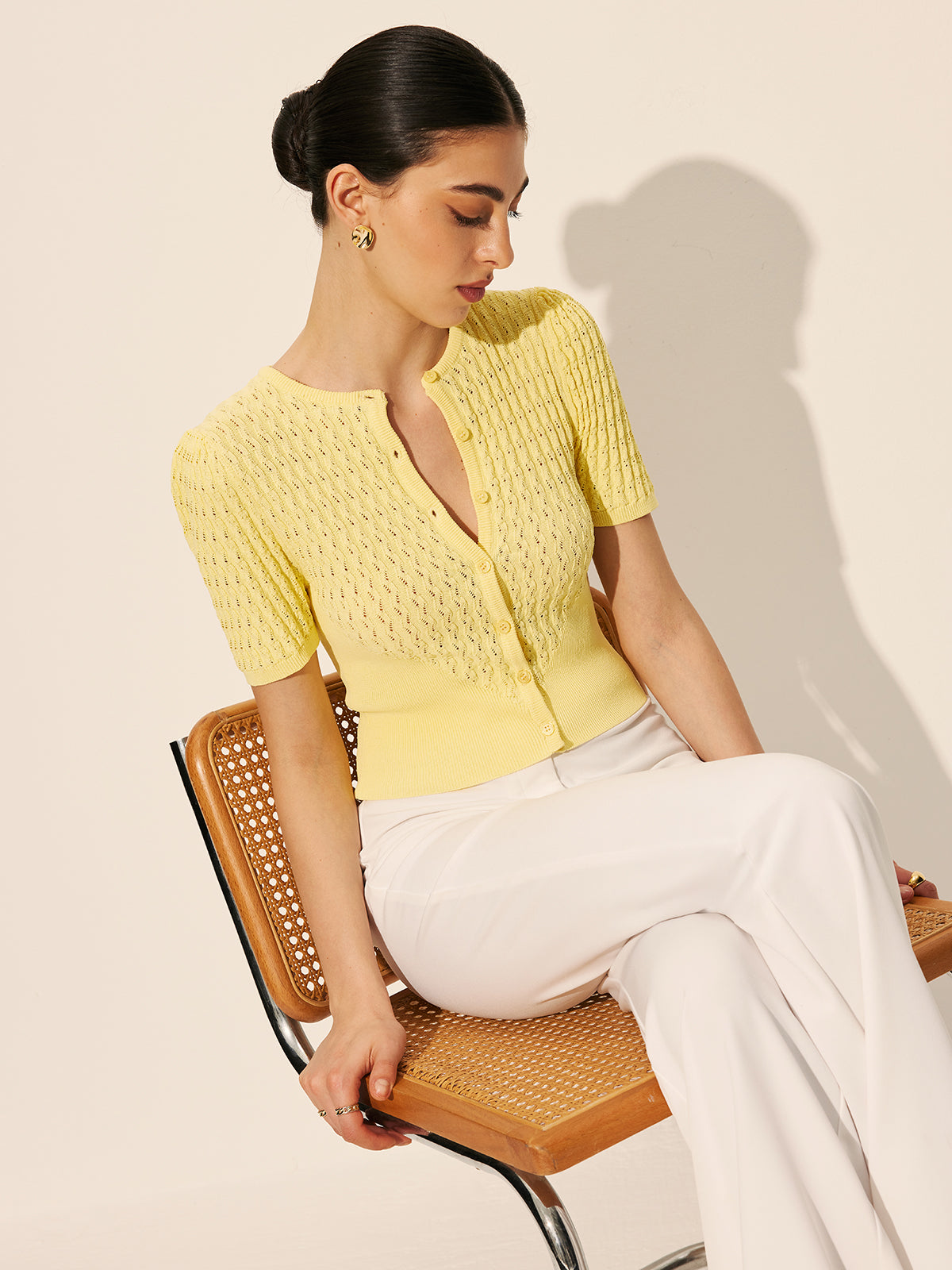 Hollow Knit Buttoned Top-Chicvia