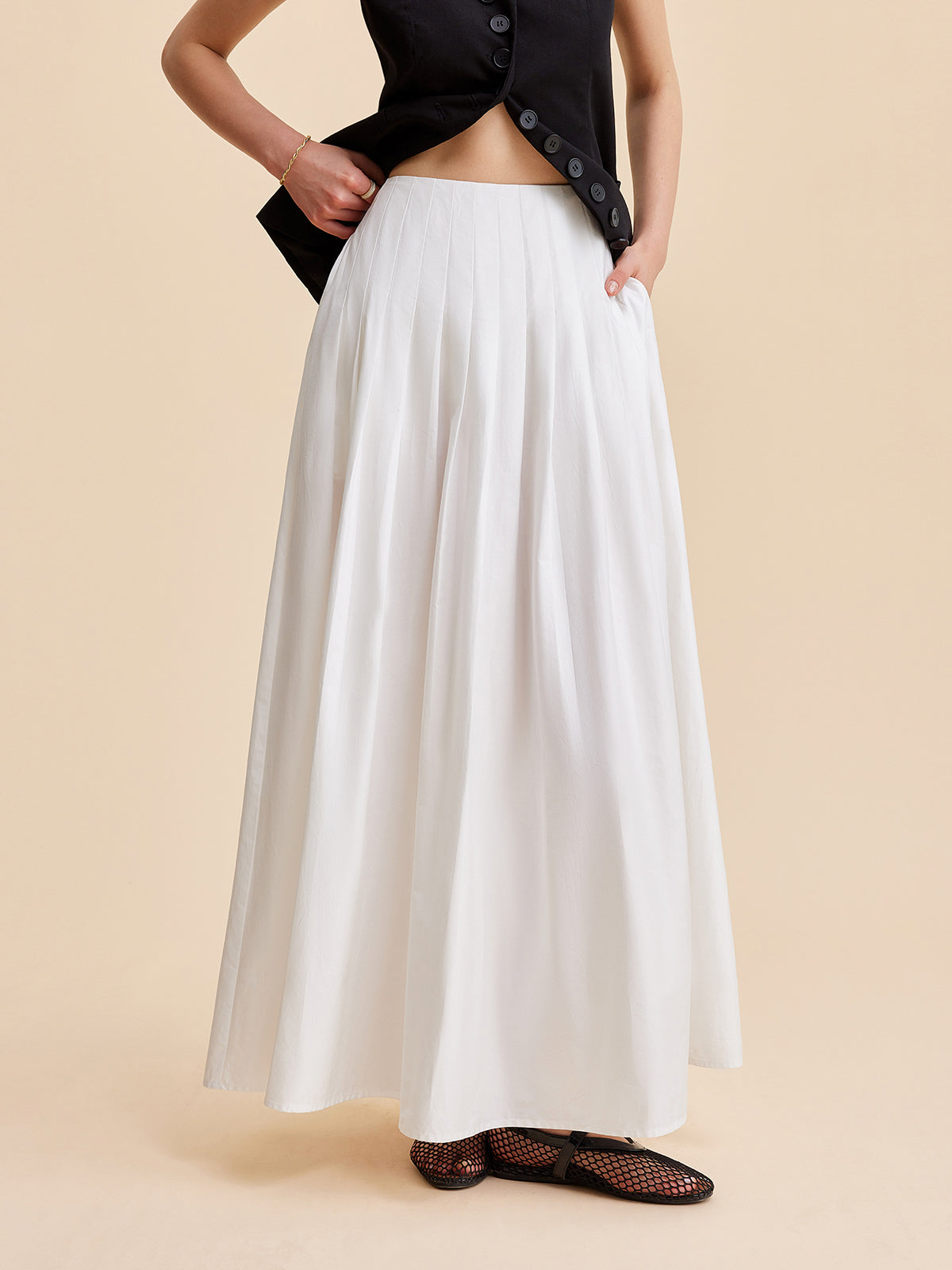 Pleated Cotton A-Line Skirt-Chicvia