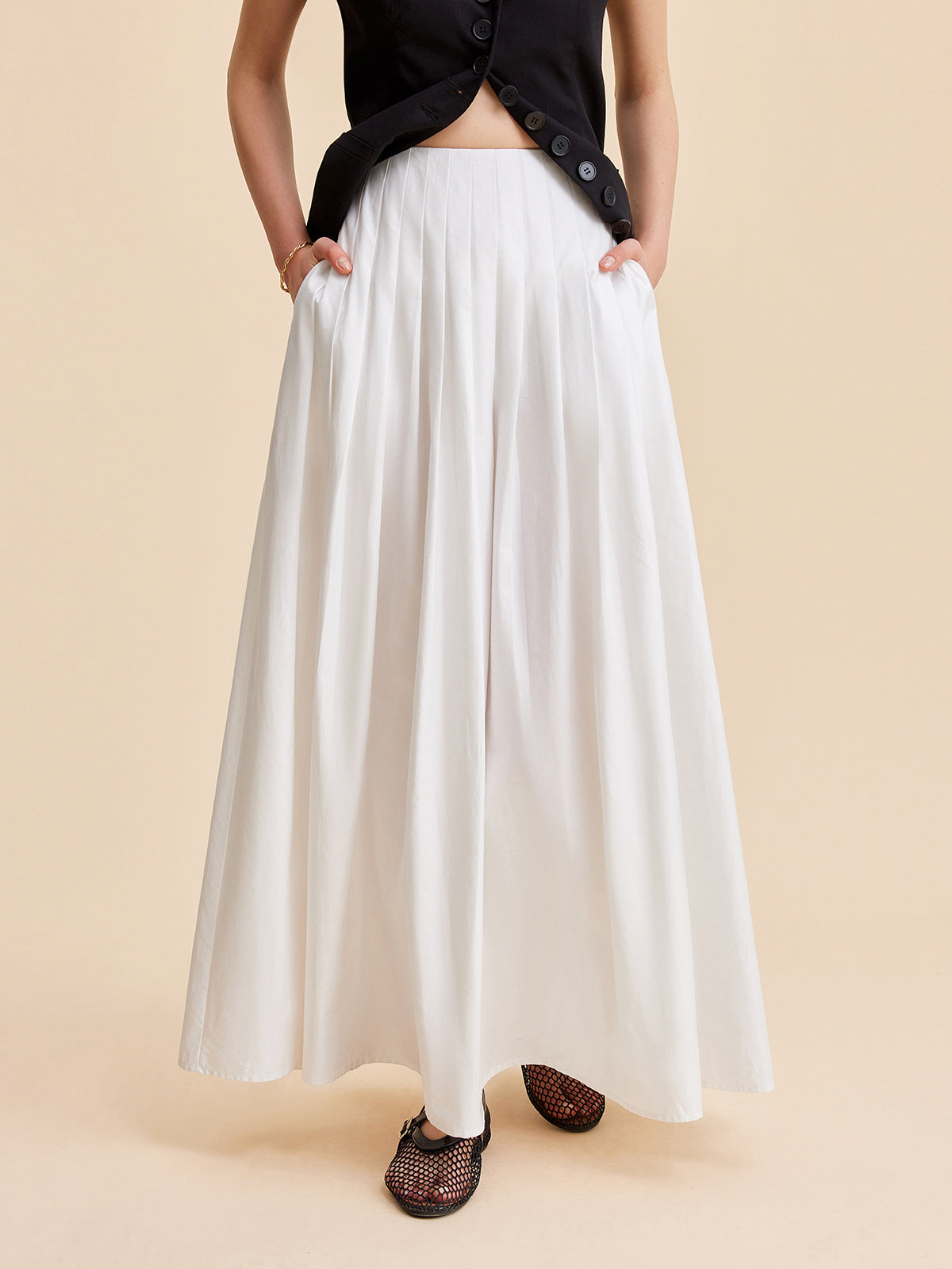 Pleated Cotton A-Line Skirt-Chicvia