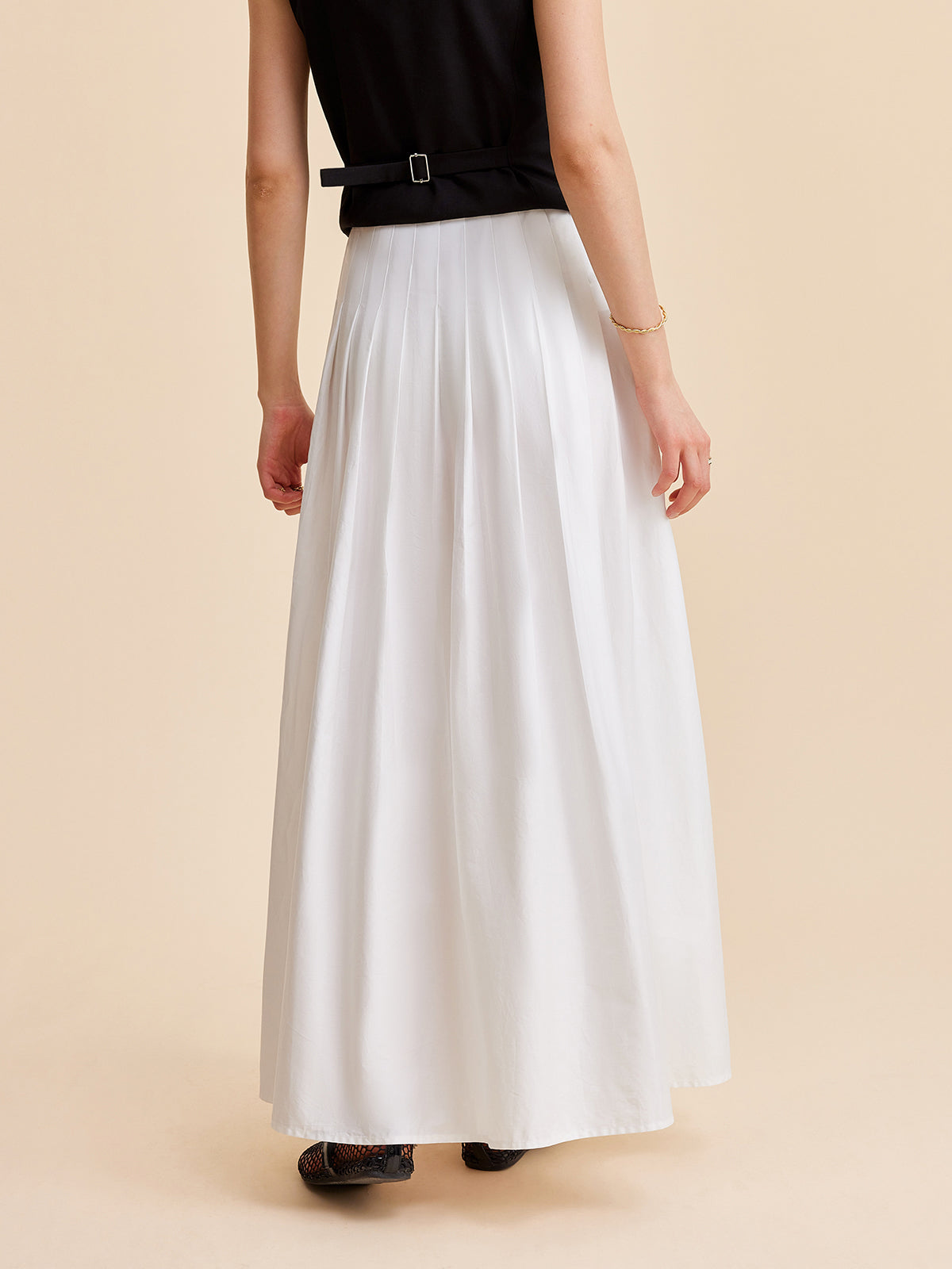 Pleated Cotton A-Line Skirt-Chicvia
