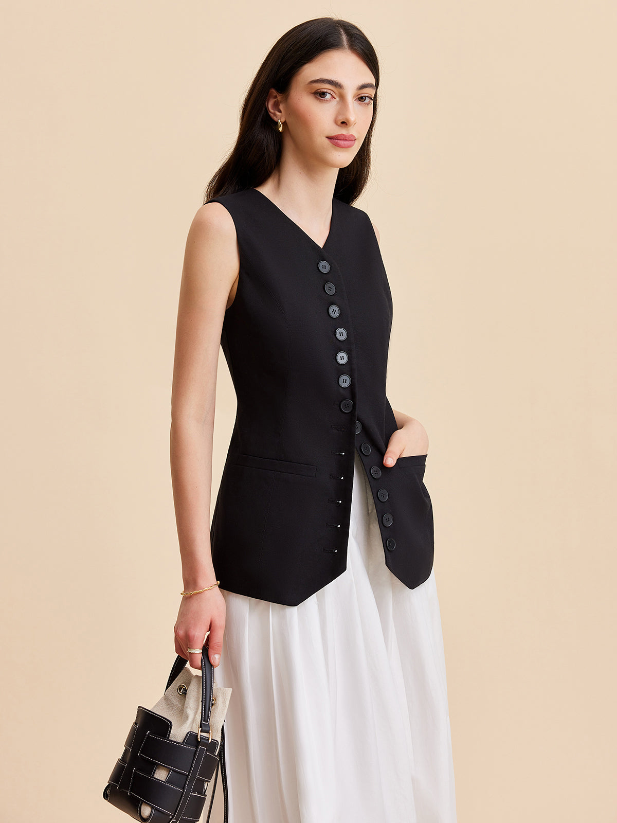 Linen & Cotton Buttoned Vest-Chicvia