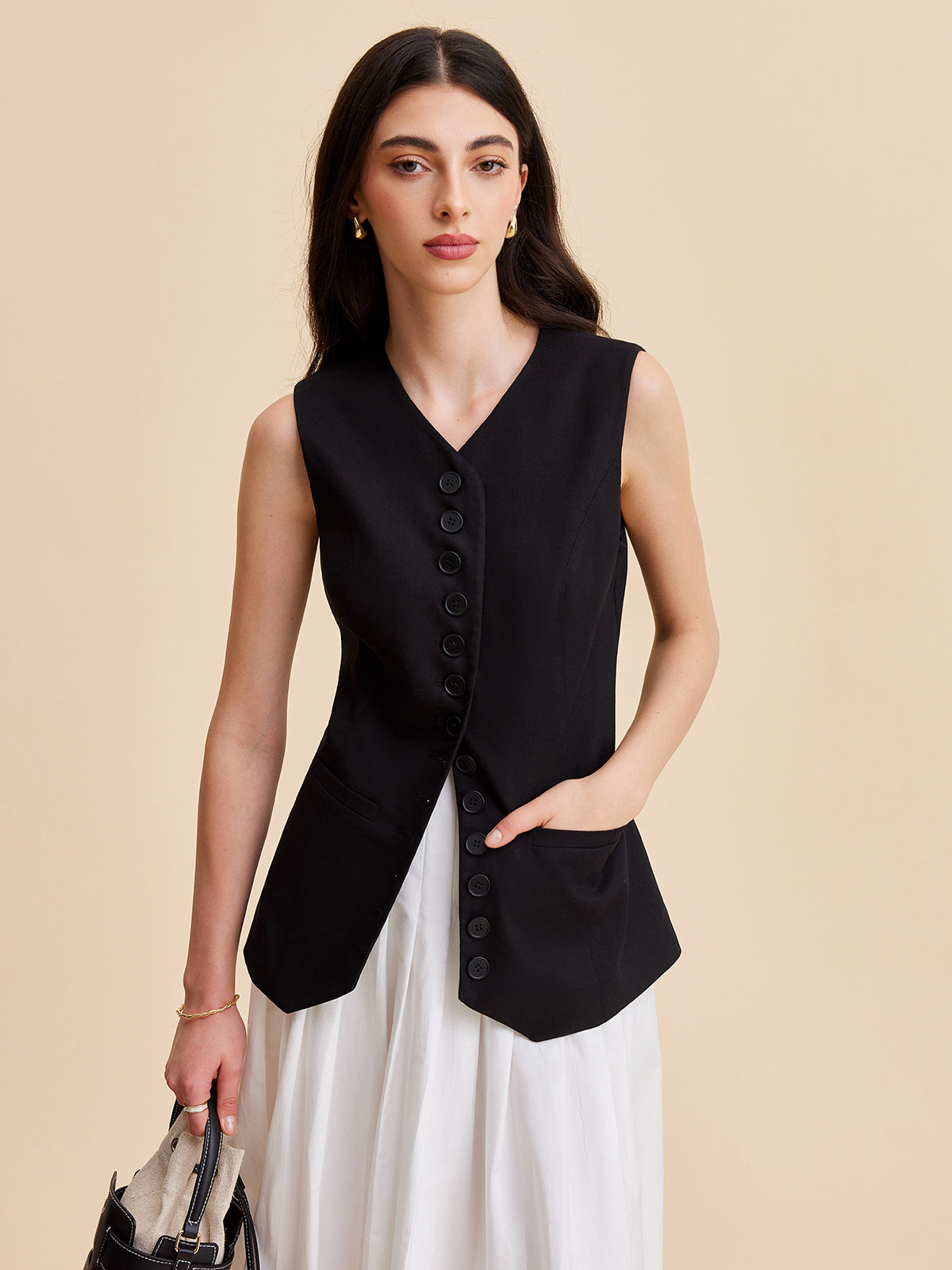 Linen & Cotton Buttoned Vest-Chicvia