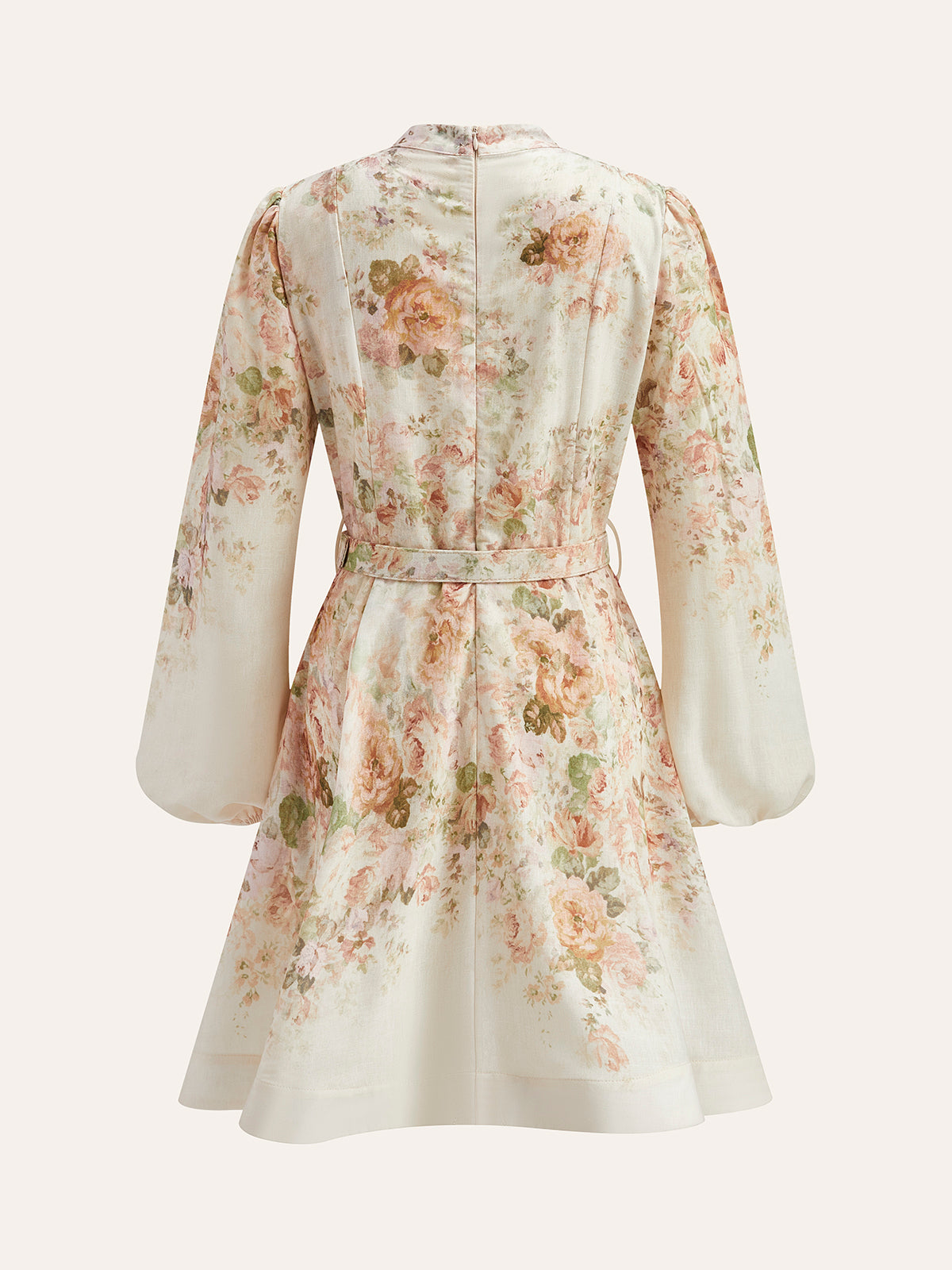 Cotton & Linen Puff Sleeve Floral Belted Dress-Chicvia