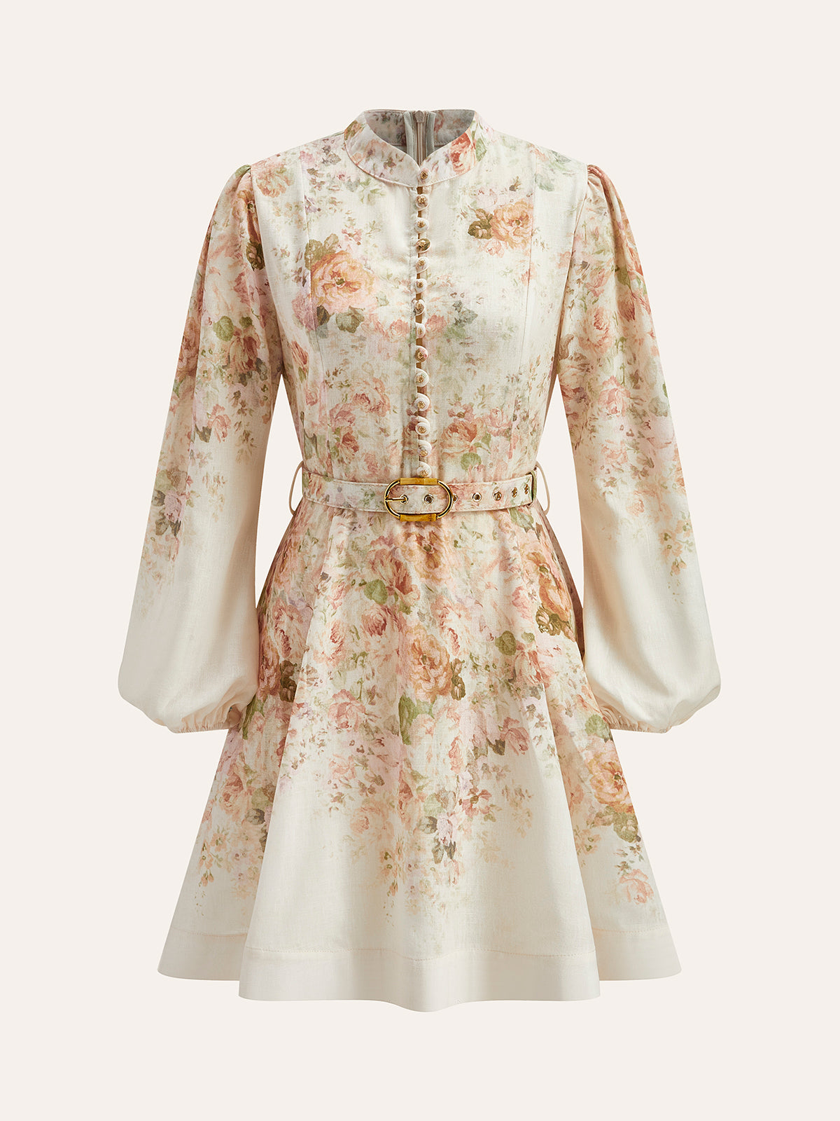 Cotton & Linen Puff Sleeve Floral Belted Dress-Chicvia
