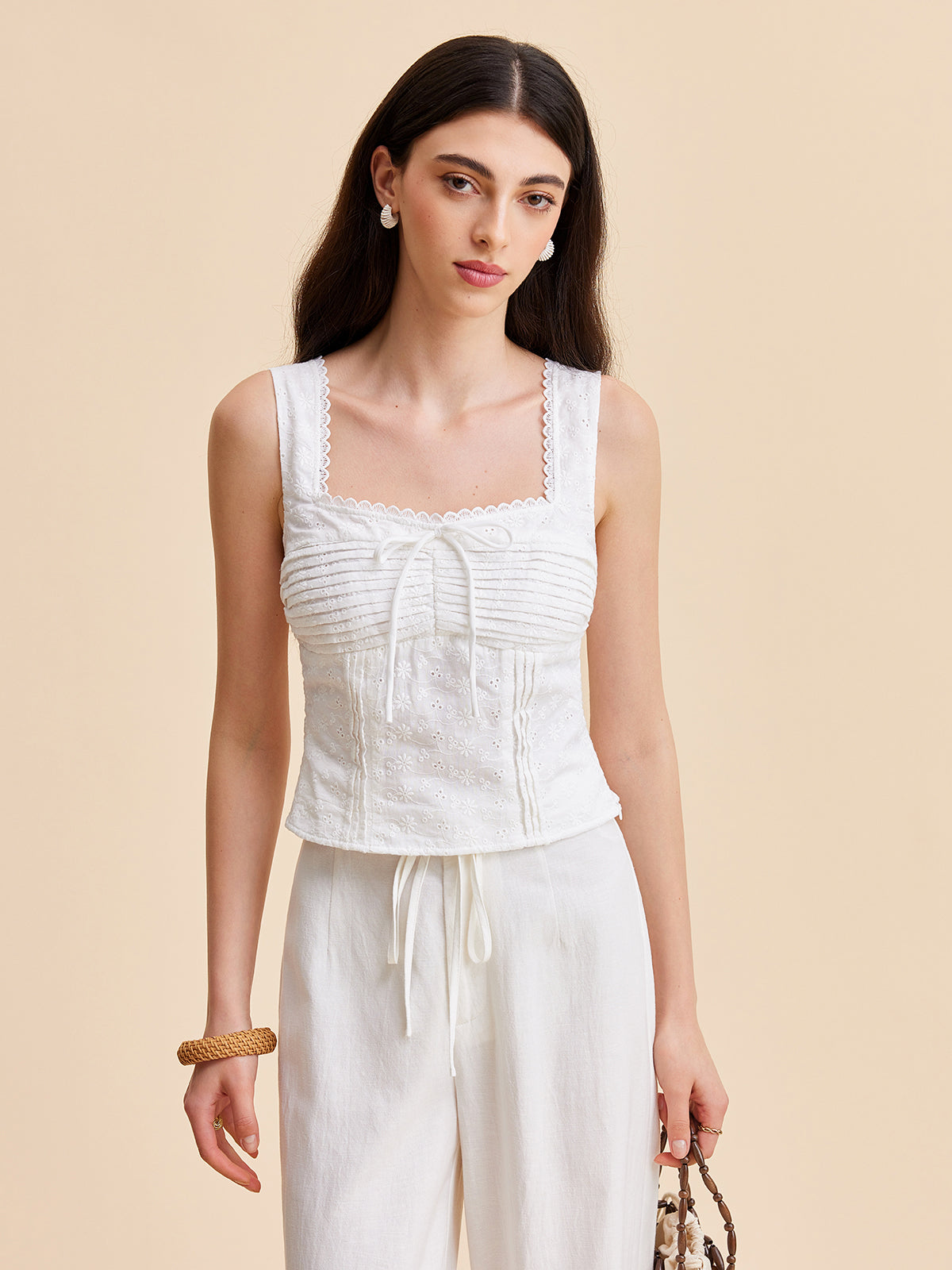 Pleated Cotton Zipper Tank Top-Chicvia