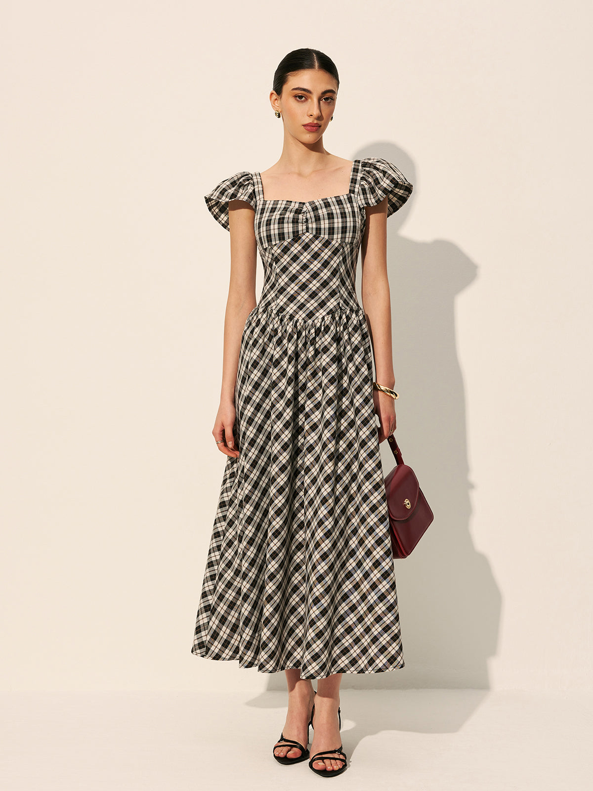 Checkerboard Puff Sleeve Dress-Chicvia