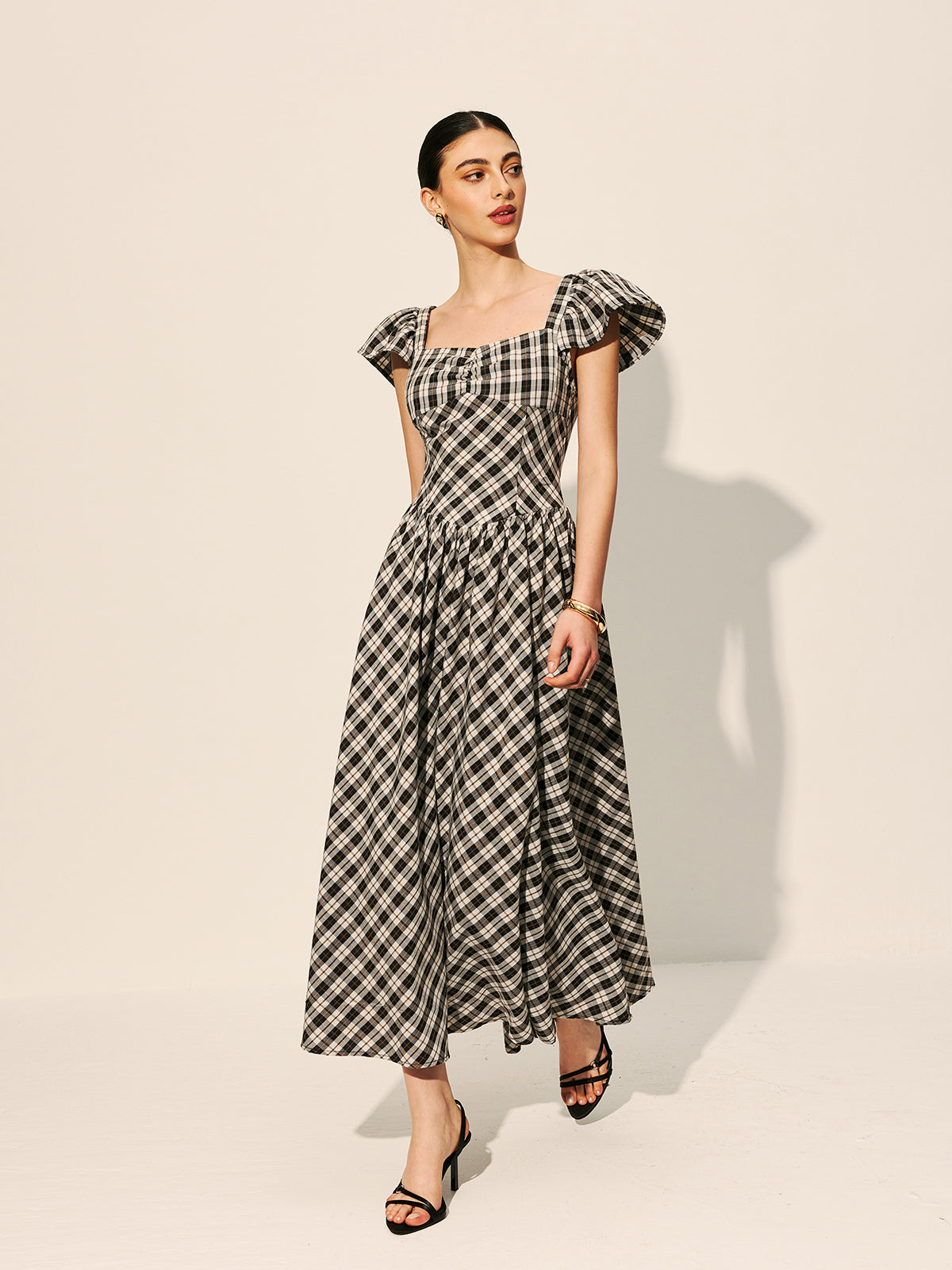 Checkerboard Puff Sleeve Dress-Chicvia
