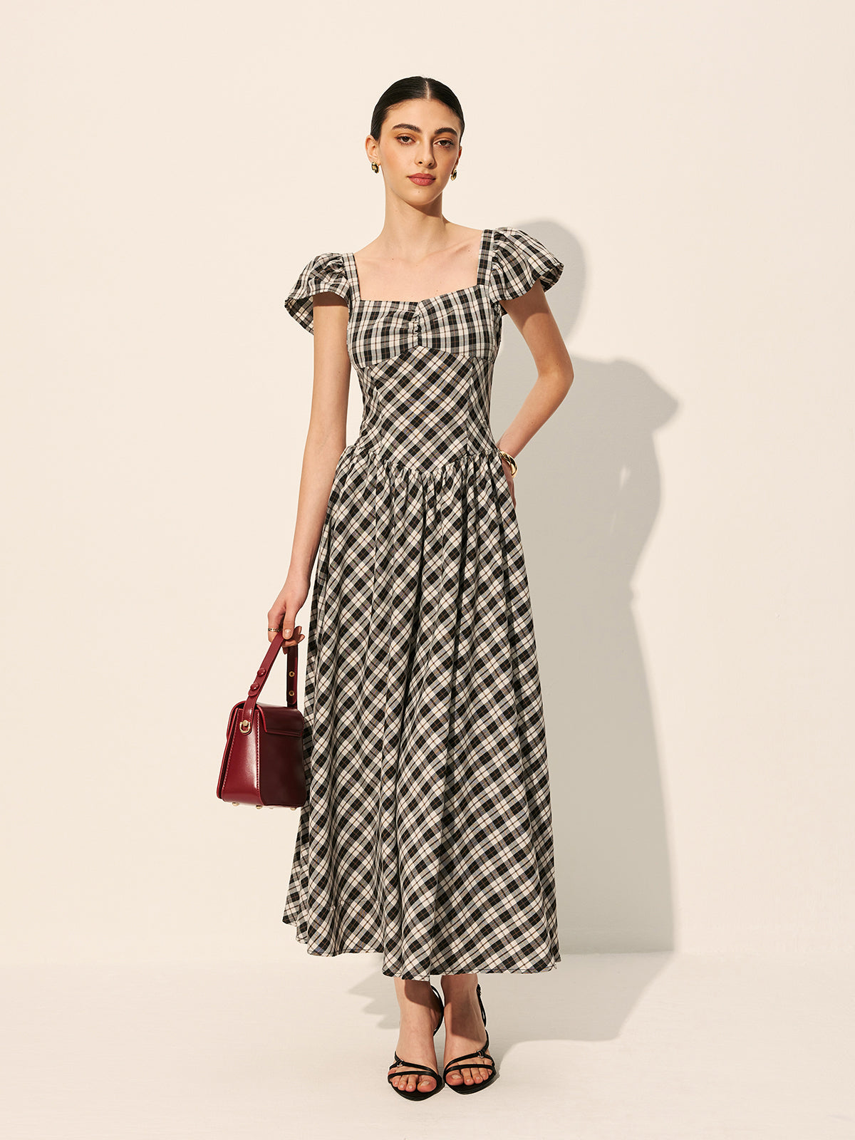 Checkerboard Puff Sleeve Dress-Chicvia