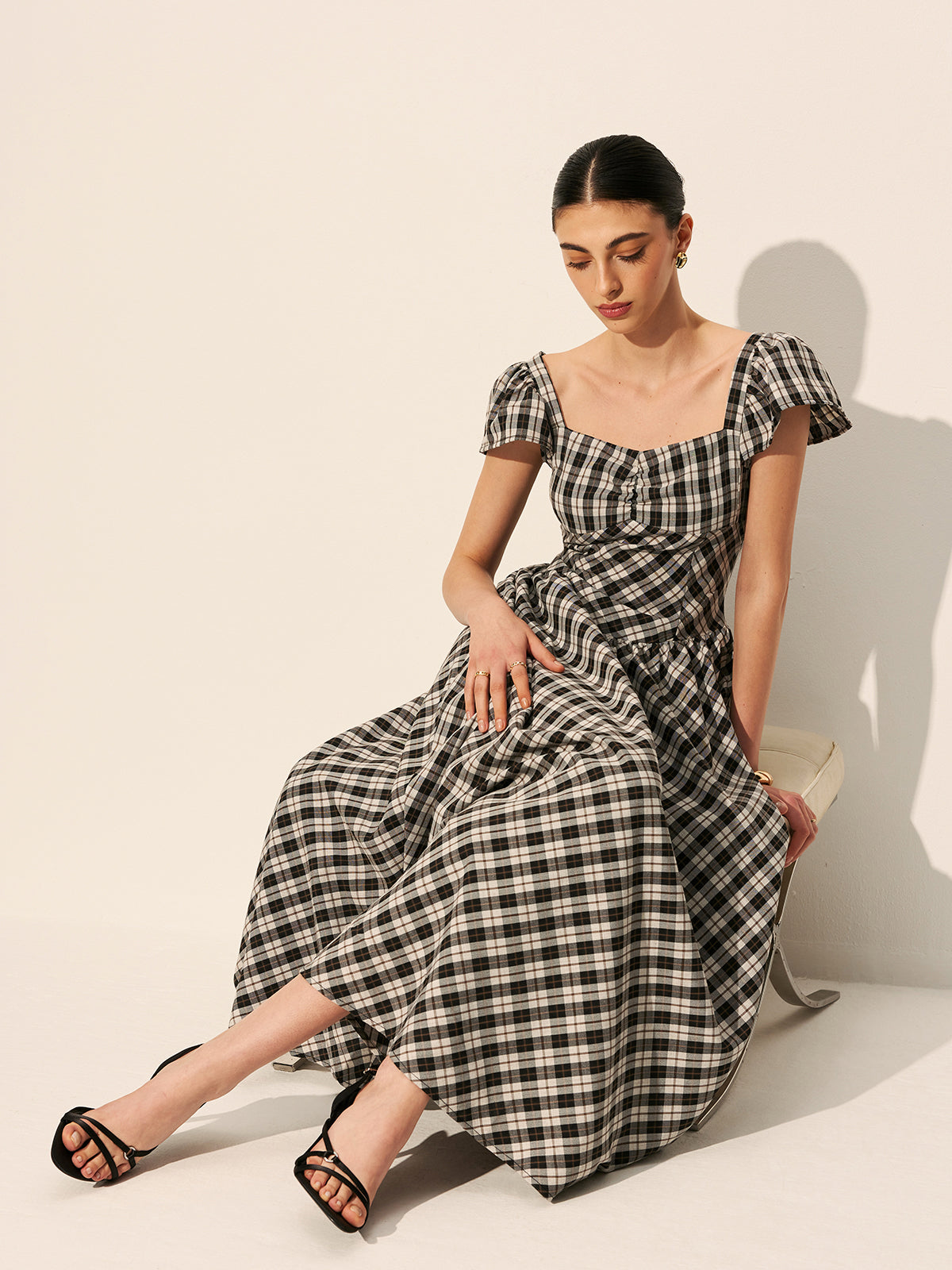 Checkerboard Puff Sleeve Dress-Chicvia