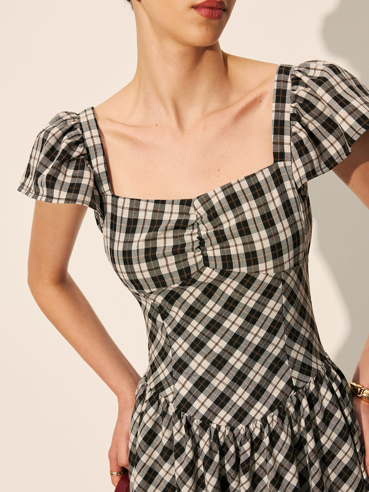 Checkerboard Puff Sleeve Dress-Chicvia