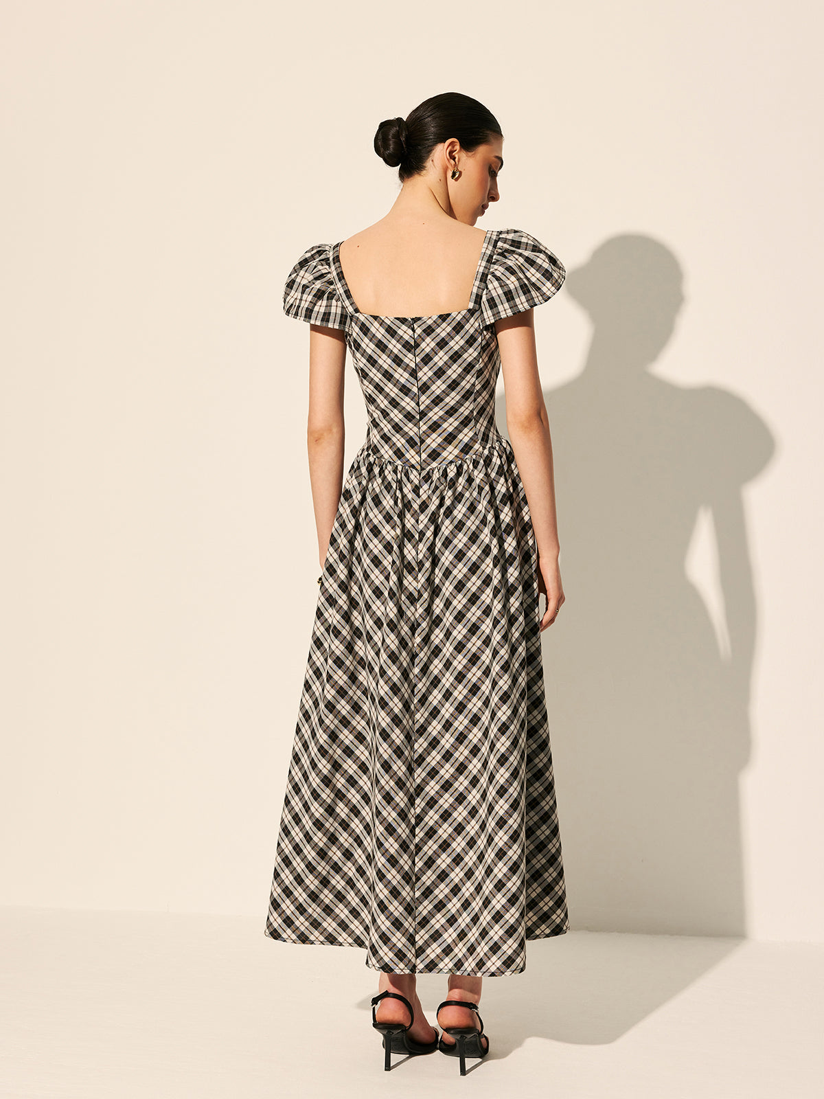 Checkerboard Puff Sleeve Dress-Chicvia