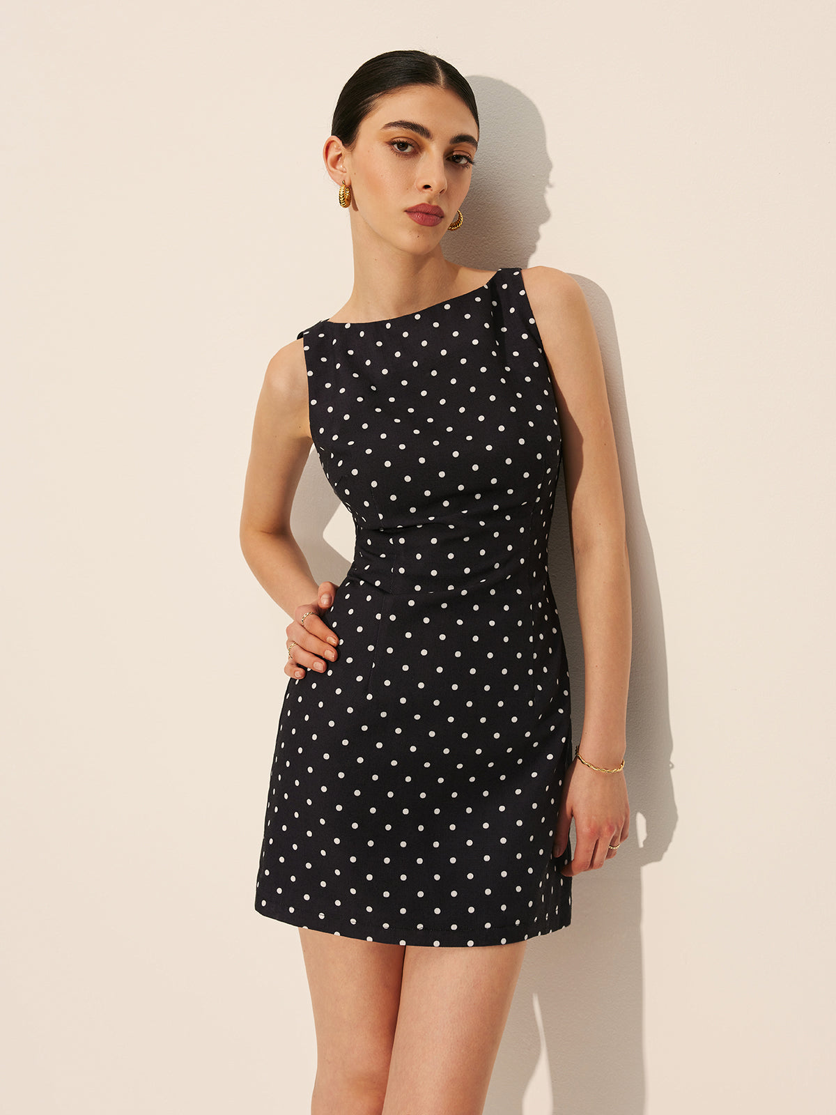 Polka Dot Zipper Crew Neck Short Dress-Chicvia