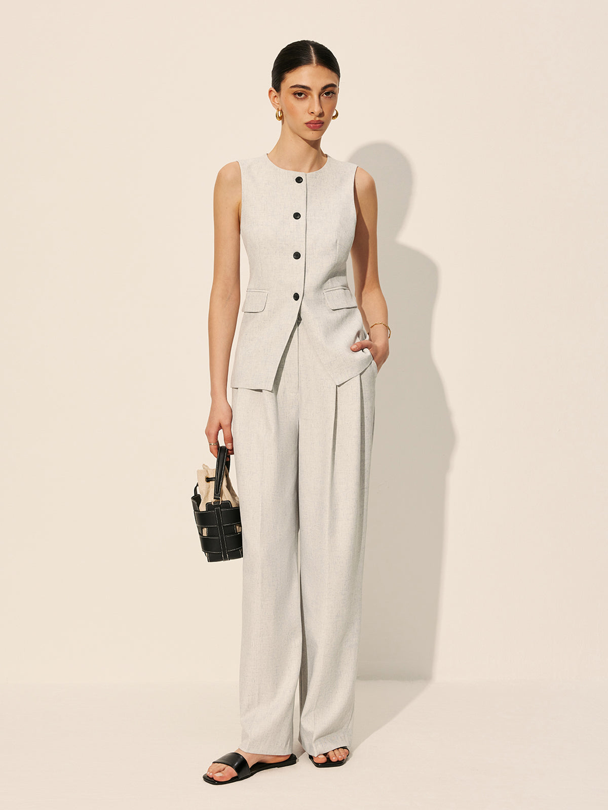 Mid-Waist Pleated Wide-Leg Pants-Chicvia