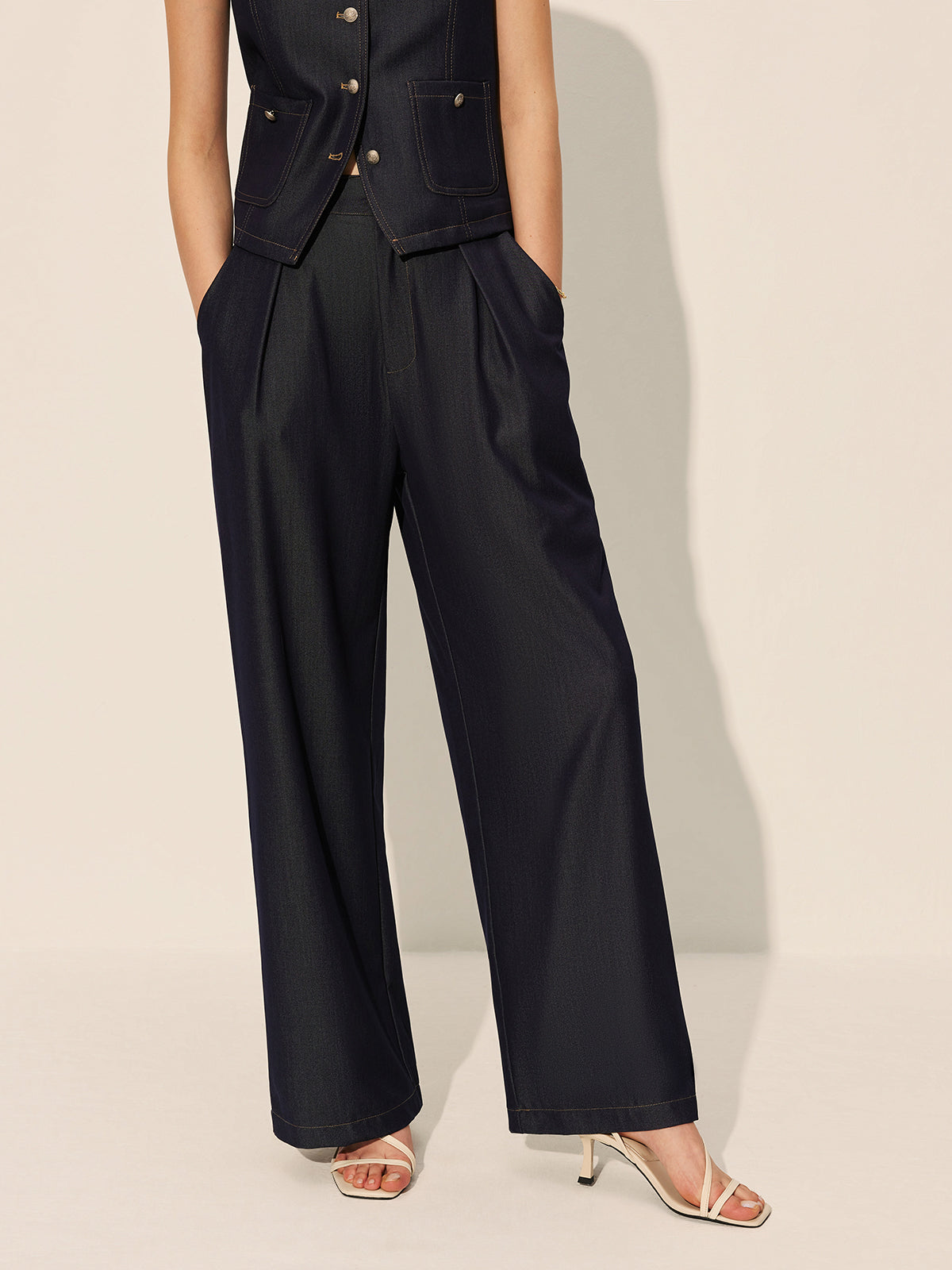 Mid-Waist Pockets Wide-Leg Denim Pants-Chicvia