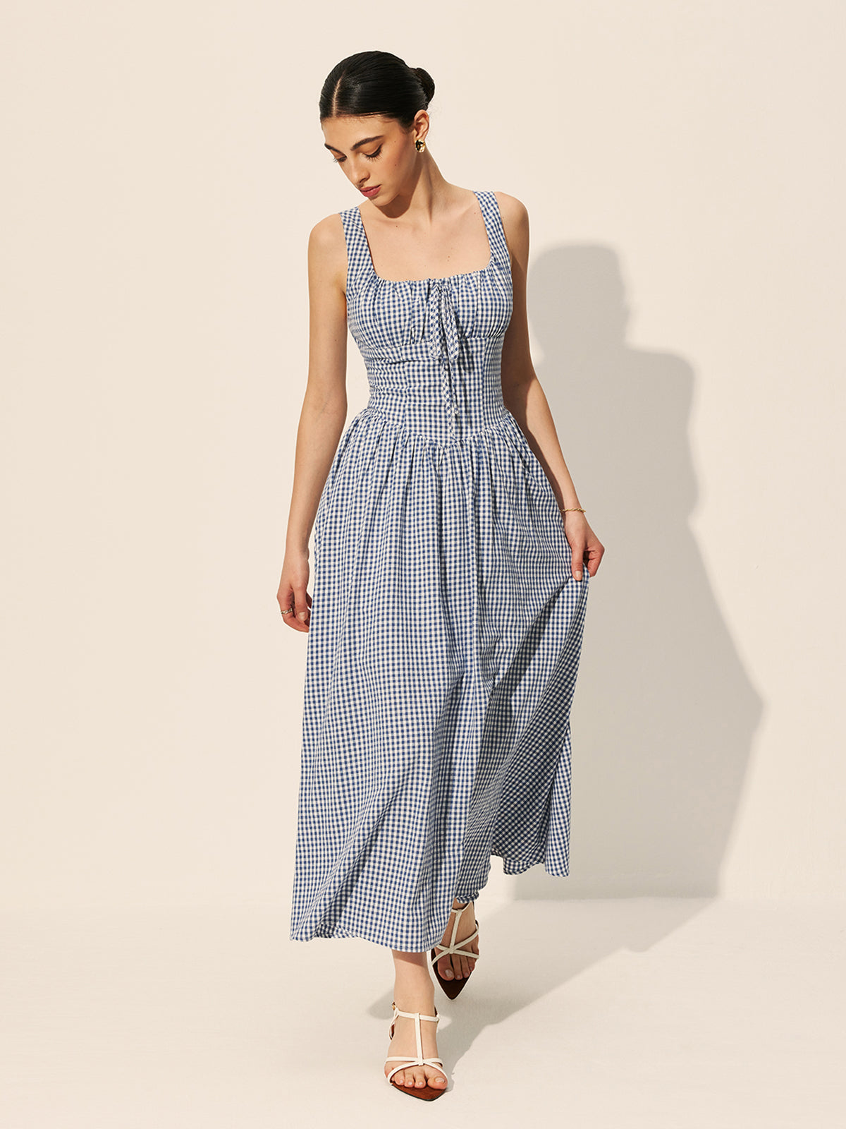Cotton Checkerboard Tie-Front Dress-Chicvia