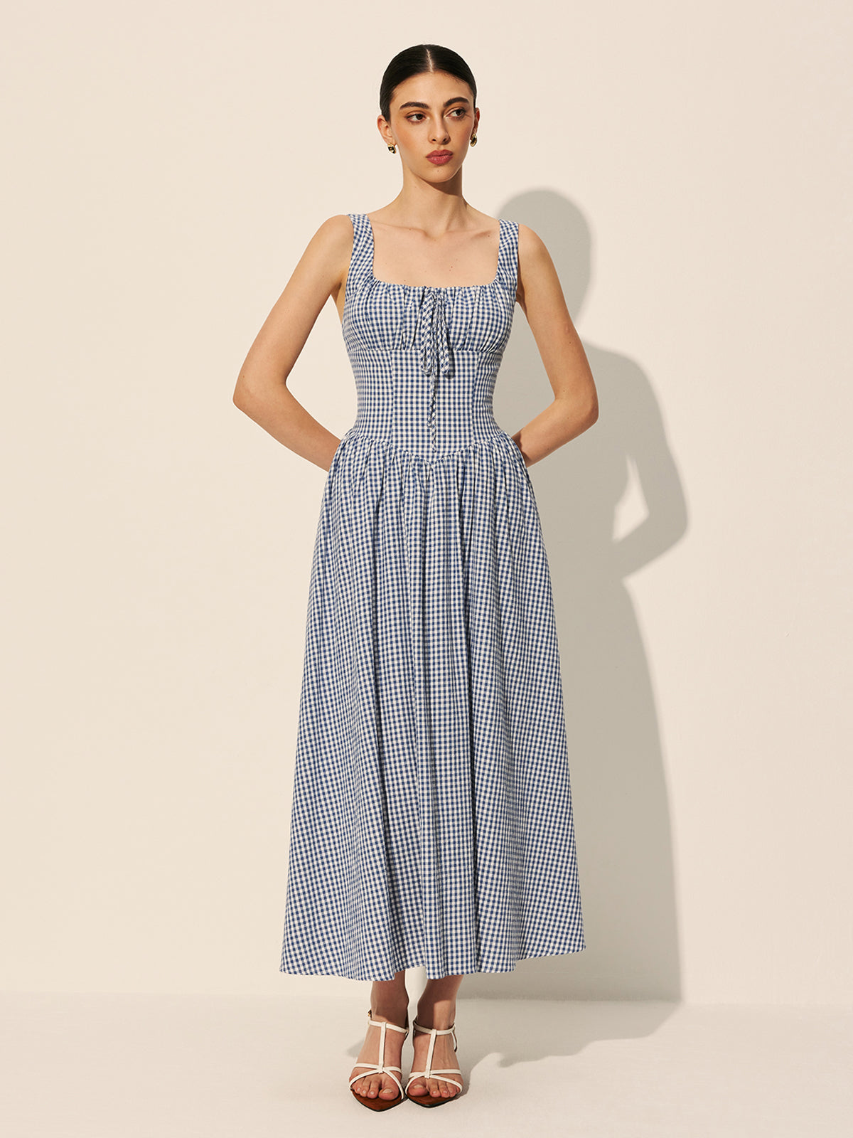 Cotton Checkerboard Tie-Front Dress-Chicvia