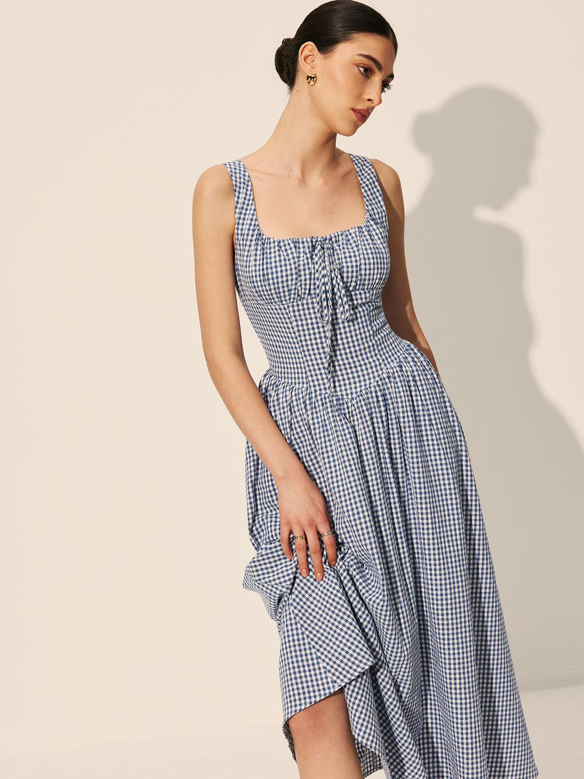 Cotton Checkerboard Tie-Front Dress-Chicvia