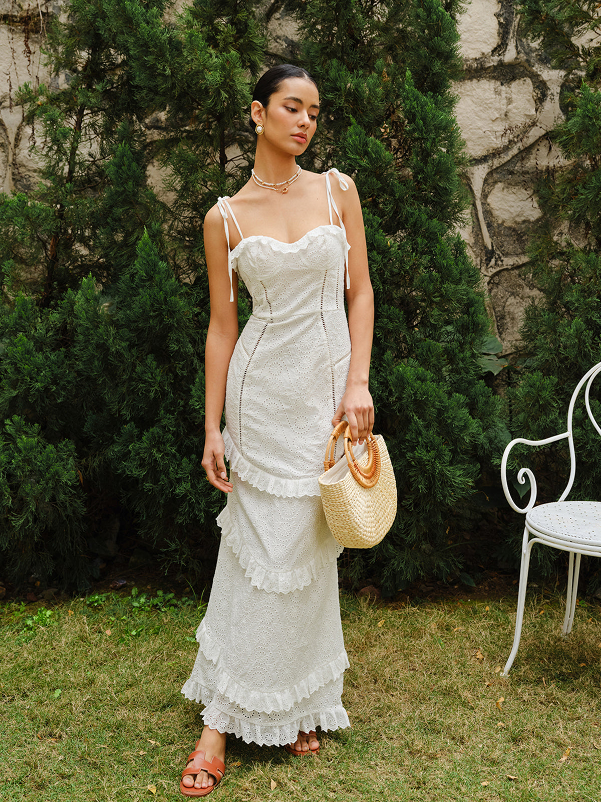 Lace-Up Tie Strap Ruffled Slit Dress-Chicvia