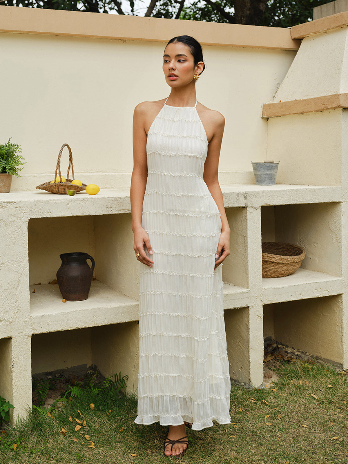 Halter Strappy Back Ruffled Dress-Chicvia