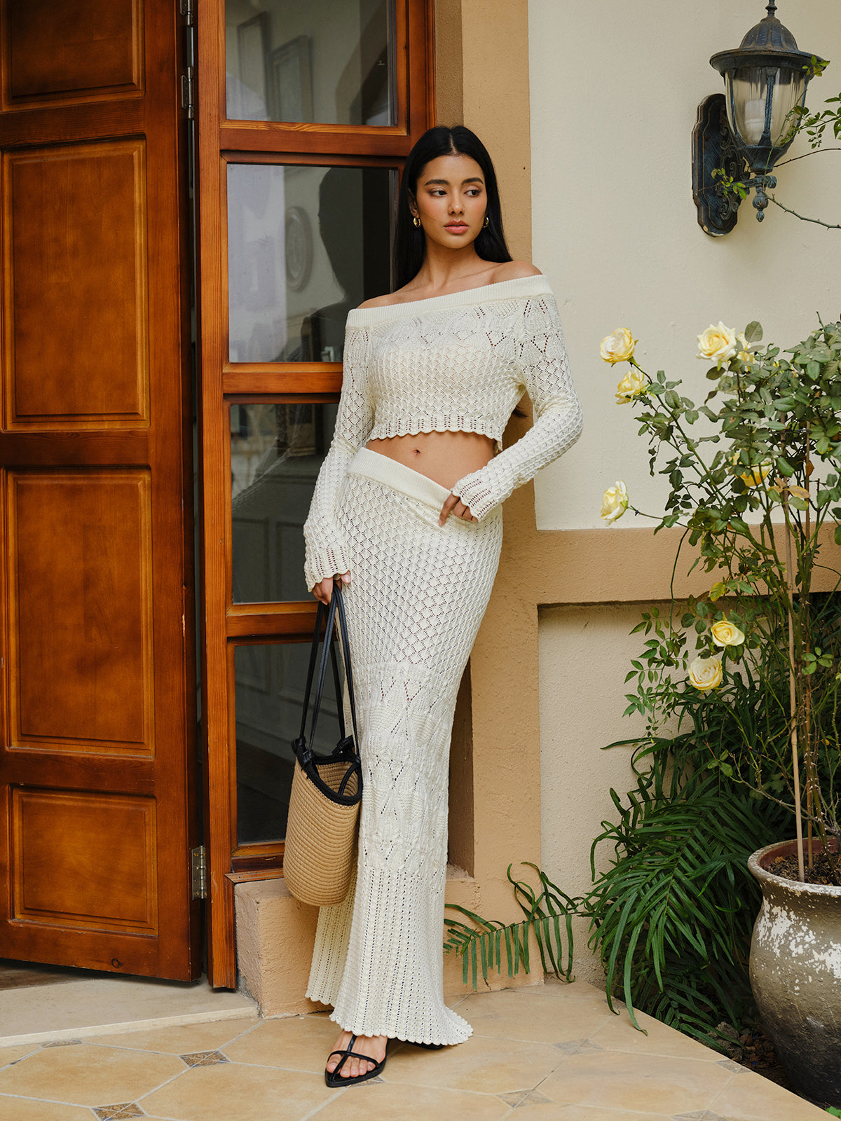 Knit Off-Shoulder Cropped Top-Chicvia