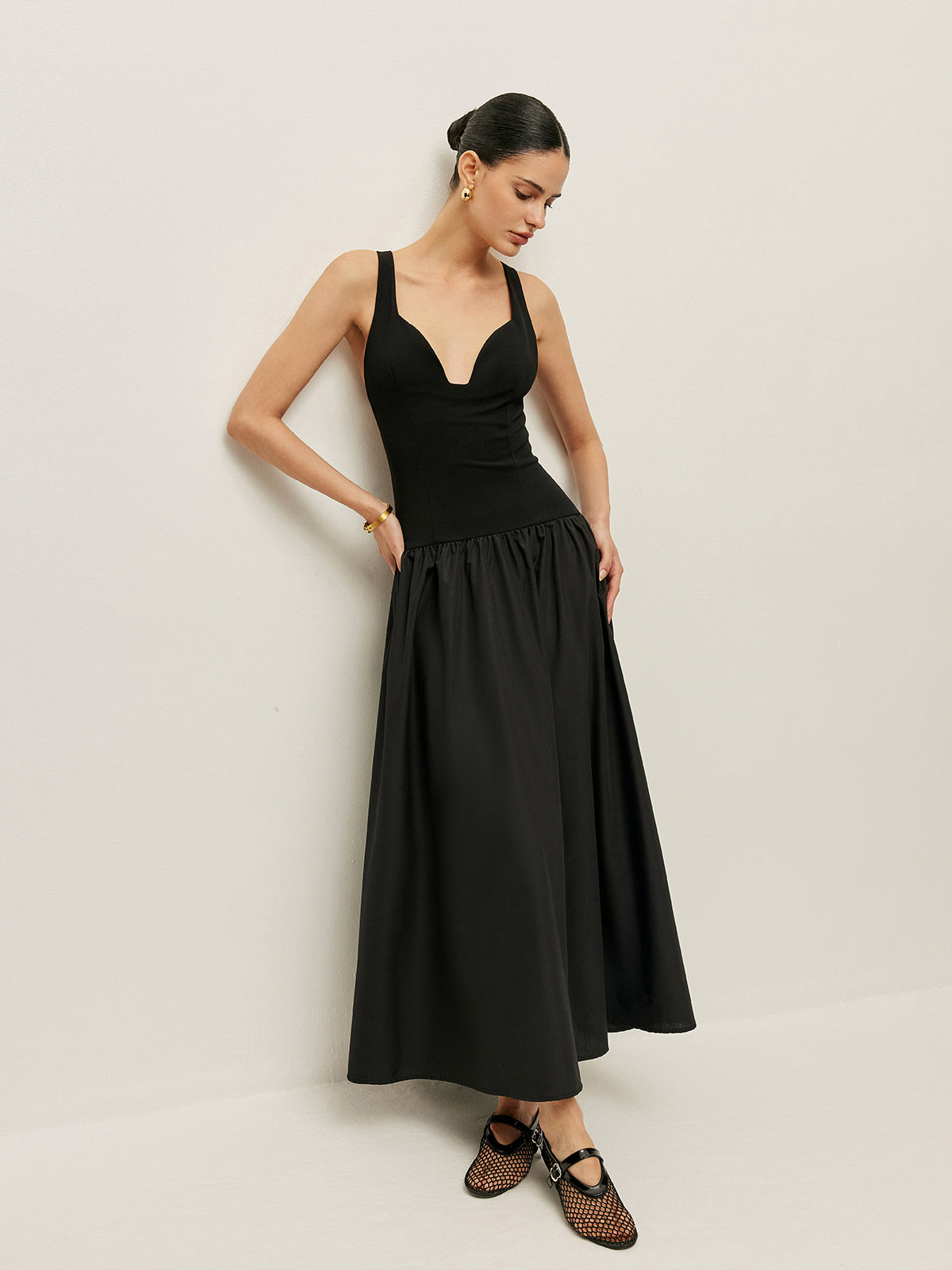 Cross Back Contrast Fabric Dress-Chicvia