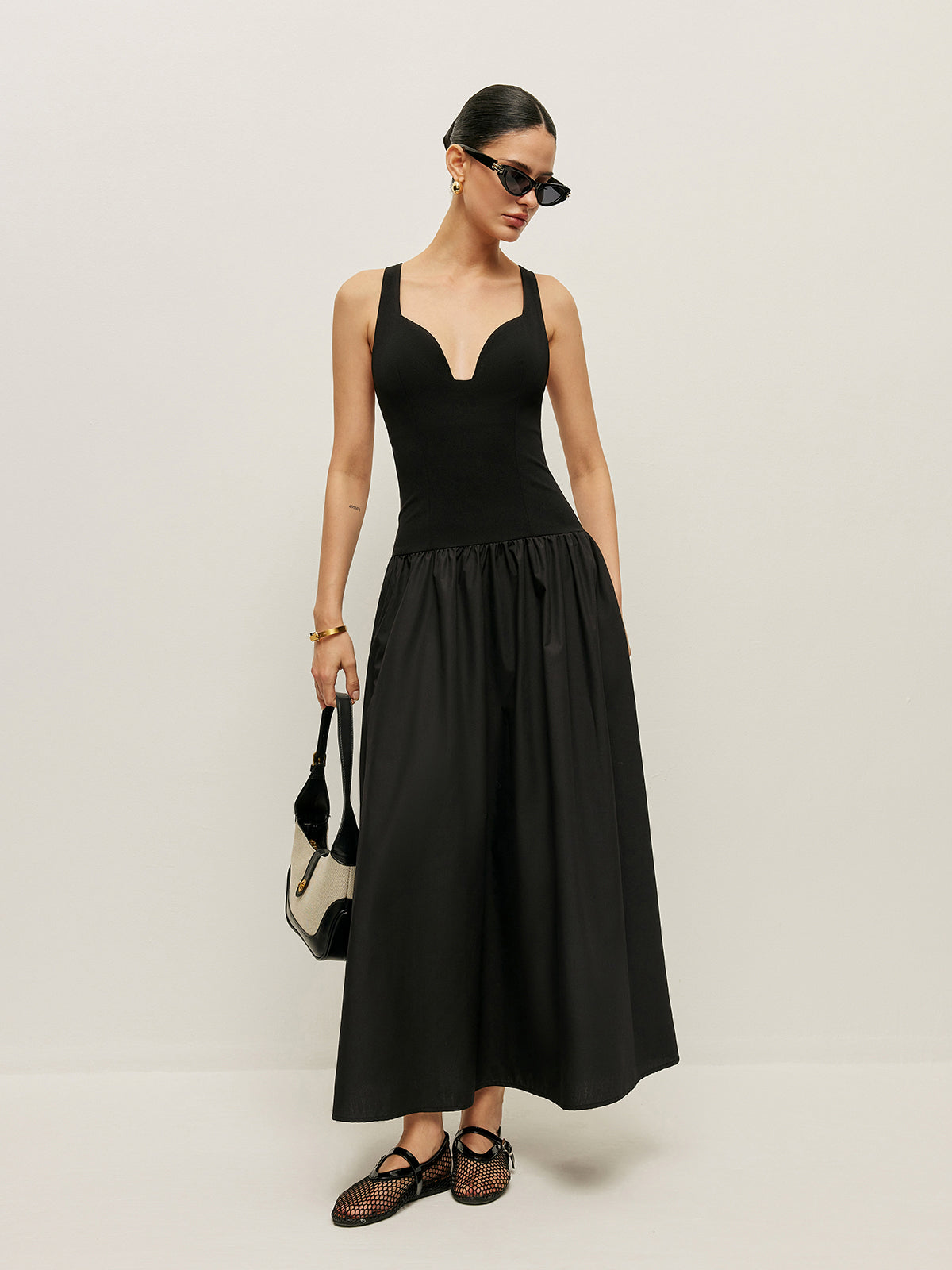 Cross Back Contrast Fabric Dress-Chicvia