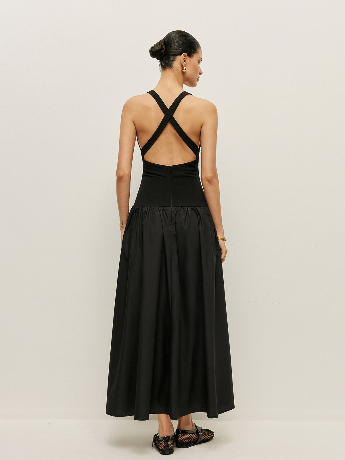 Cross Back Contrast Fabric Dress-Chicvia