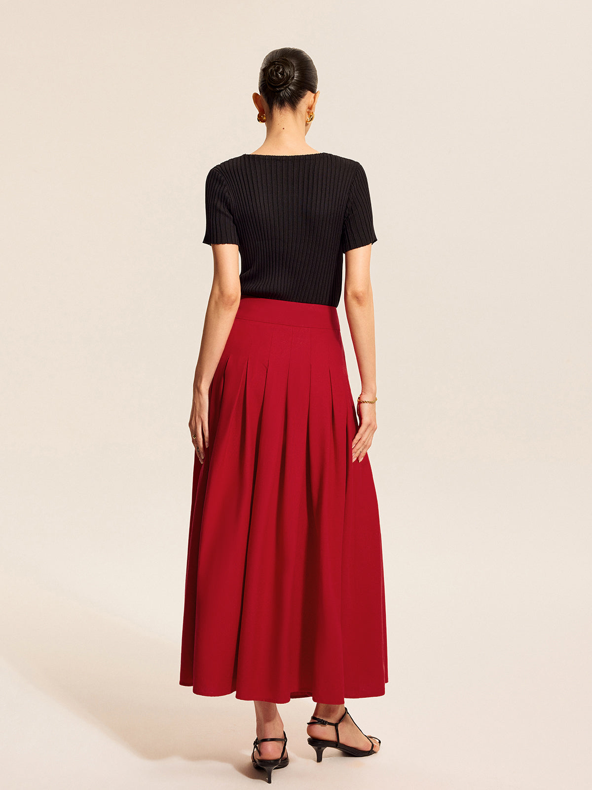 Cotton & Linen Pleated Slit Skirt-Chicvia