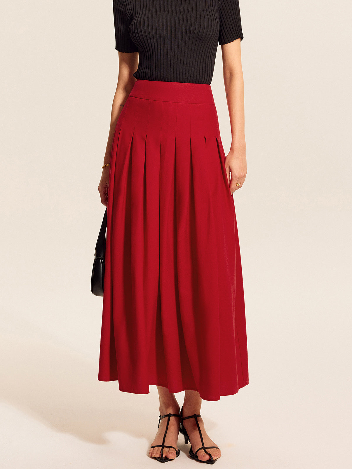 Cotton & Linen Pleated Slit Skirt-Chicvia