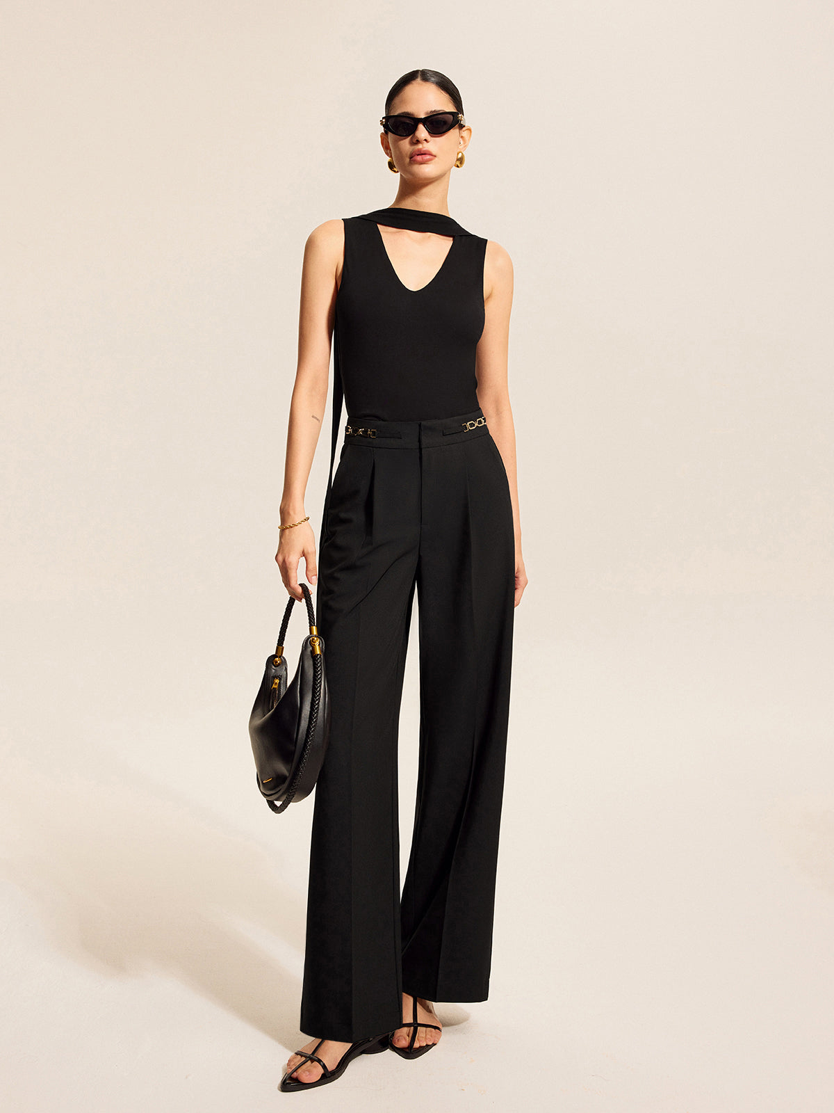 Mid-Waist Pleated Pants With Chain Detail-Chicvia