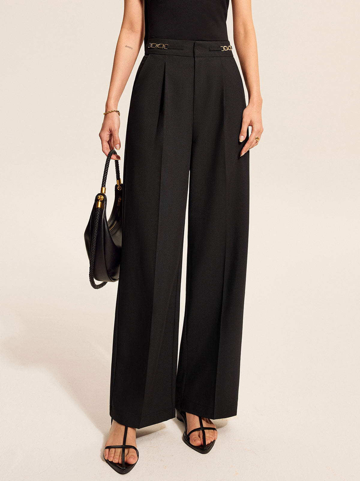Mid-Waist Pleated Pants With Chain Detail-Chicvia