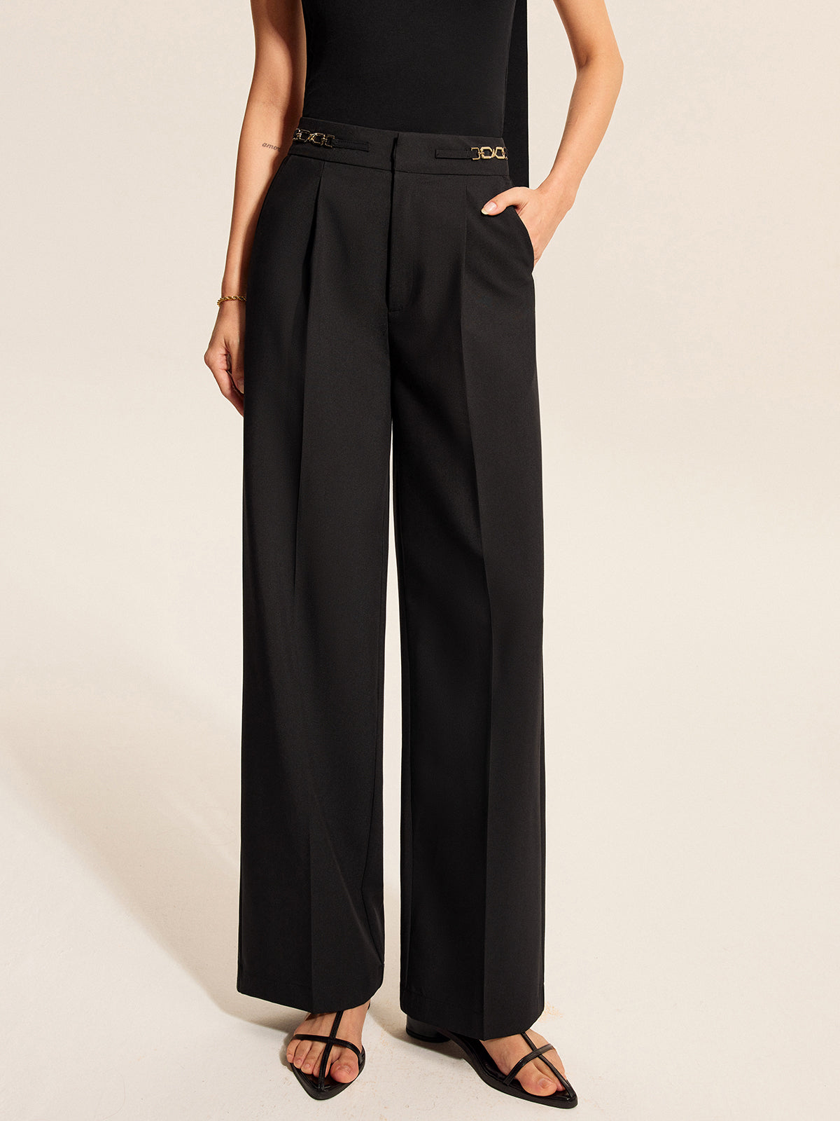 Mid-Waist Pleated Pants With Chain Detail-Chicvia