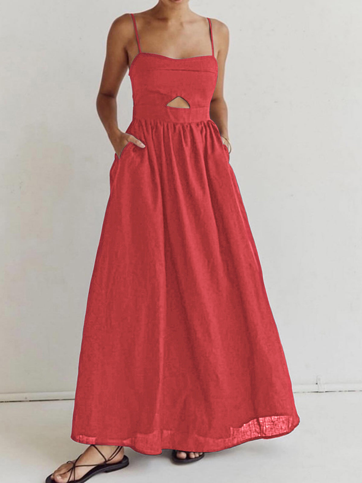 Cotton Sleeveless Pockets Cutout Long Dress-Chicvia