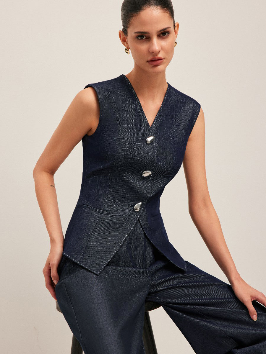 Contrast Stitched Buttoned Peplum Vest-Chicvia