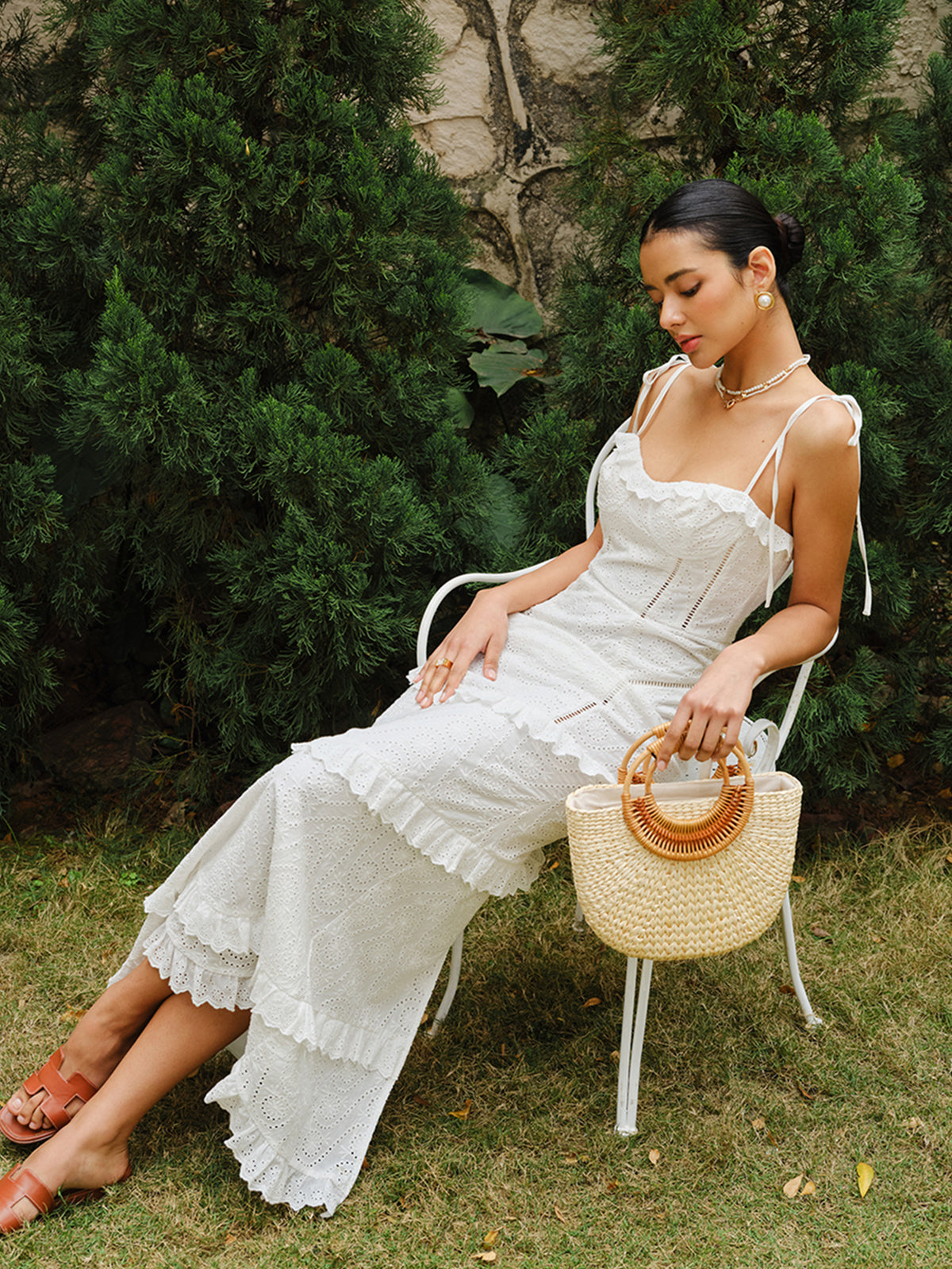 Lace-Up Tie Strap Ruffled Slit Dress-Chicvia