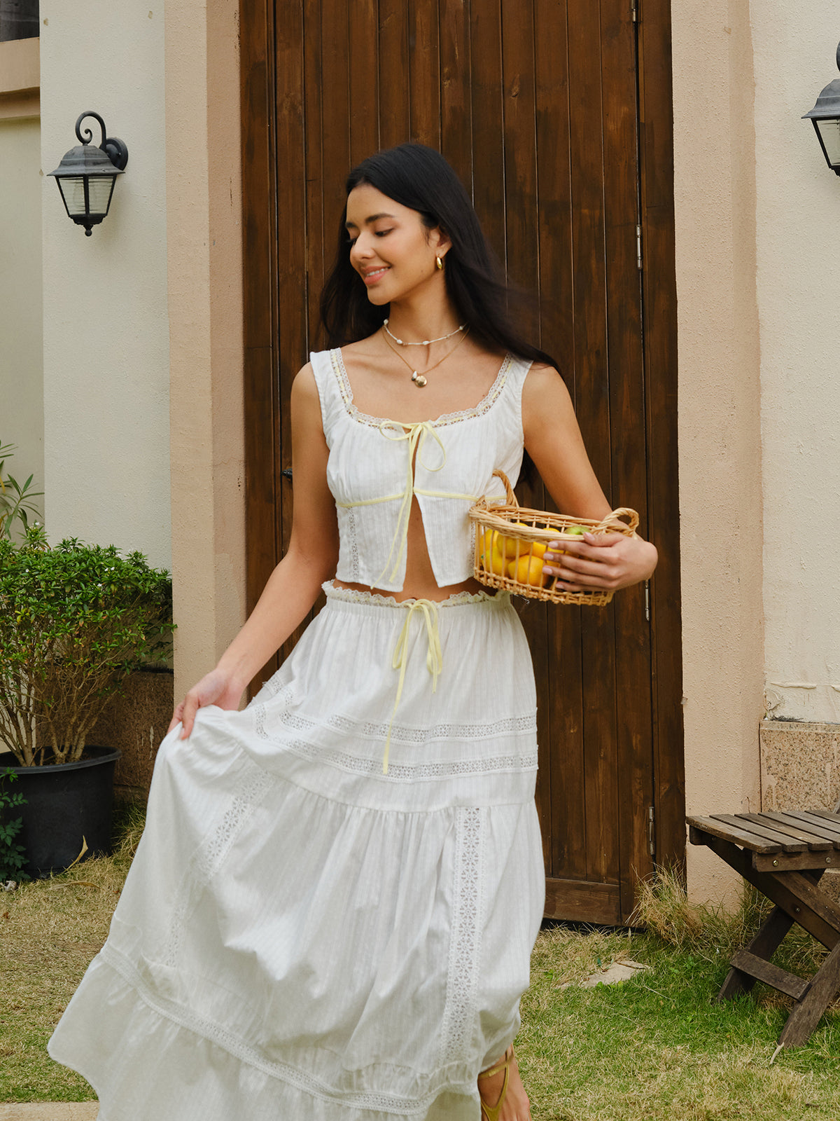 Lace Trim Tie-Front Crop Top With Skirt Set-Chicvia