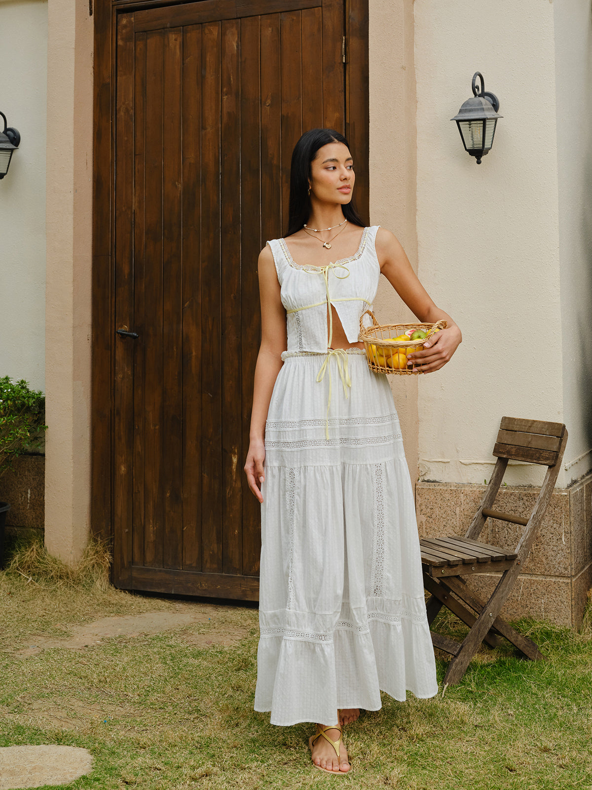 Lace Trim Tie-Front Crop Top With Skirt Set-Chicvia