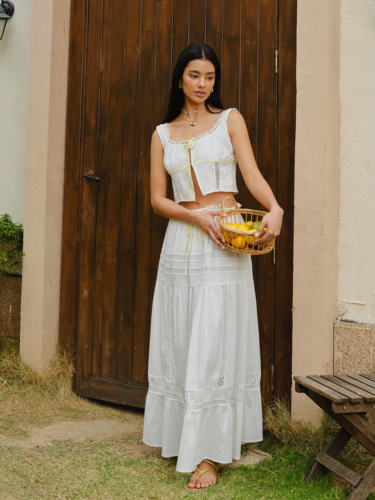 Lace Trim Tie-Front Crop Top With Skirt Set-Chicvia