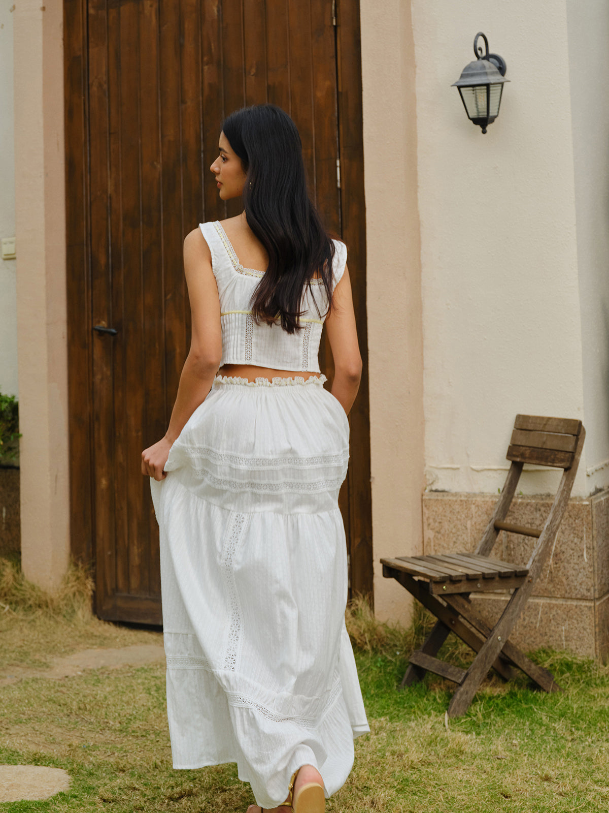 Lace Trim Tie-Front Crop Top With Skirt Set-Chicvia