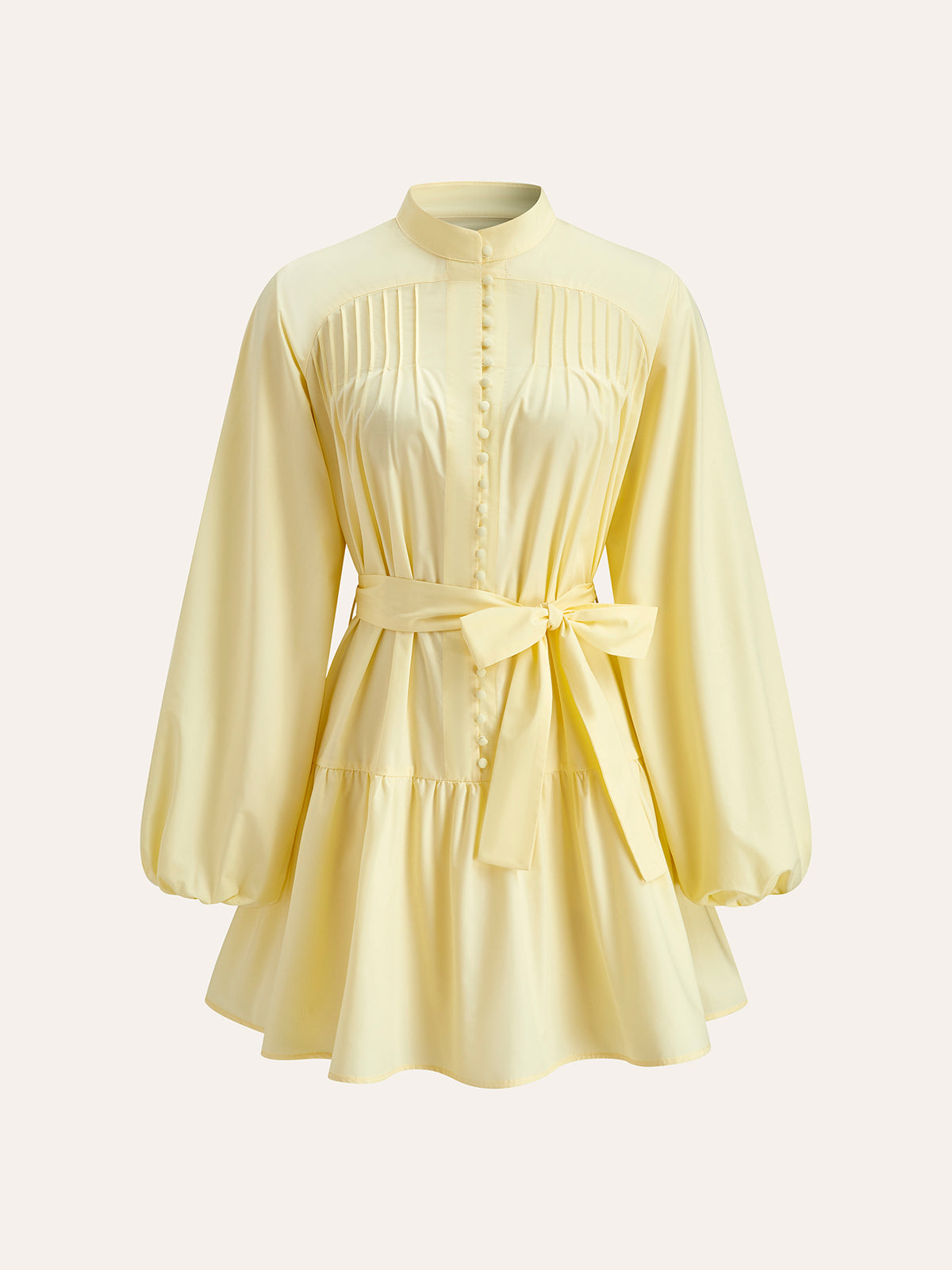Buttoned Lantern Sleeve Belted Dress-Chicvia