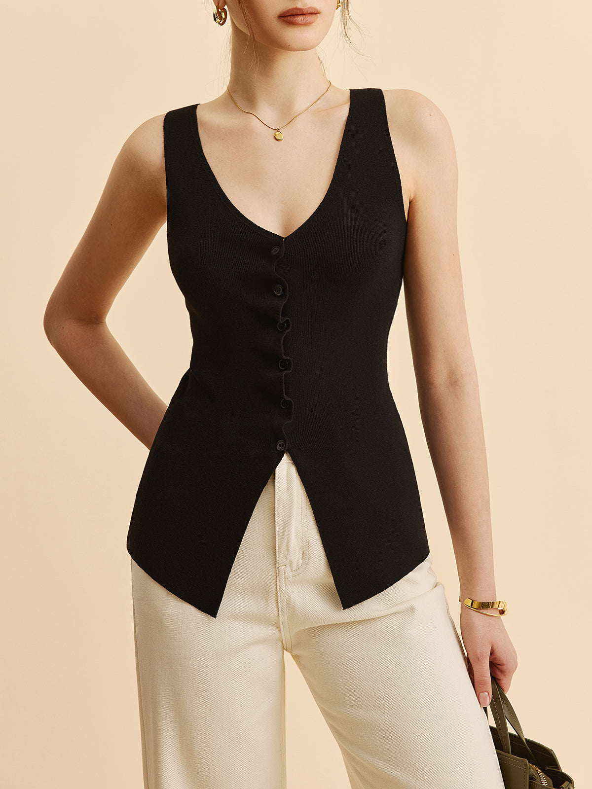 Lettuce Trim Split Sweater Vest-Chicvia