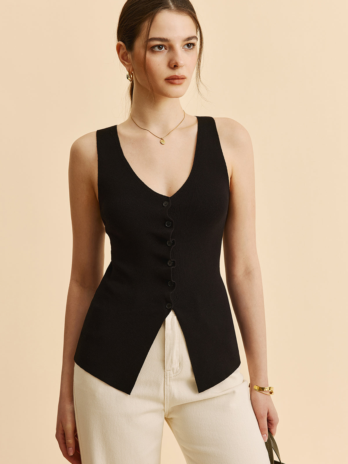 Lettuce Trim Split Sweater Vest-Chicvia